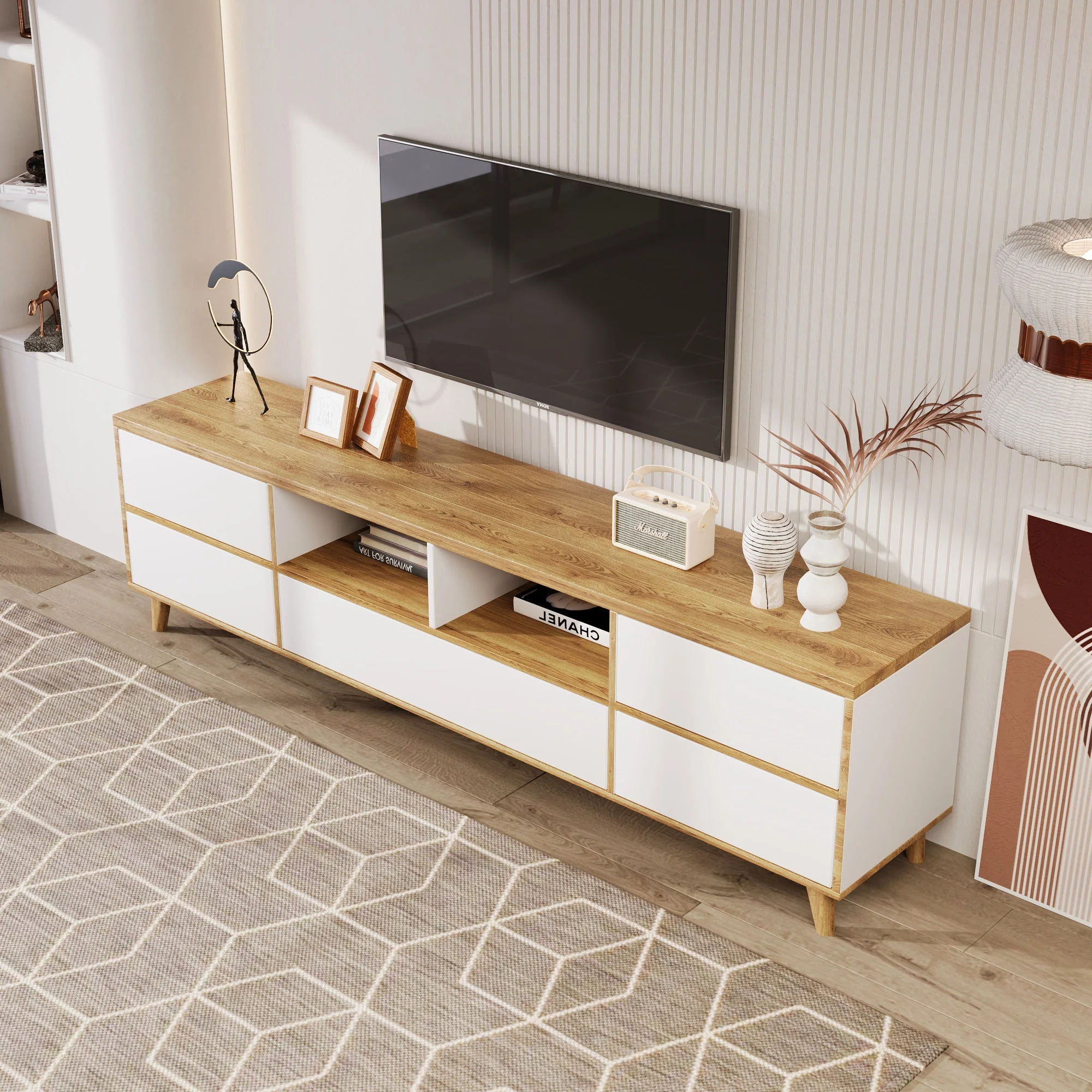 TV Cabinet, Lowboard with Compartments & Doors, White & Wood - Image 5