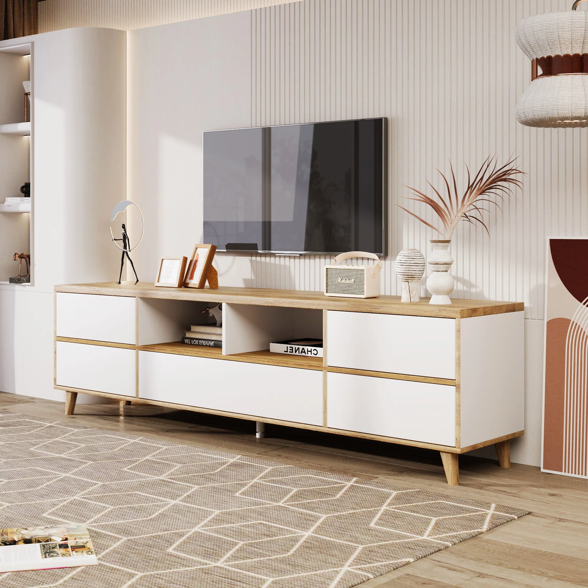 TV Cabinet, Lowboard with Compartments & Doors, White & Wood - Image 6