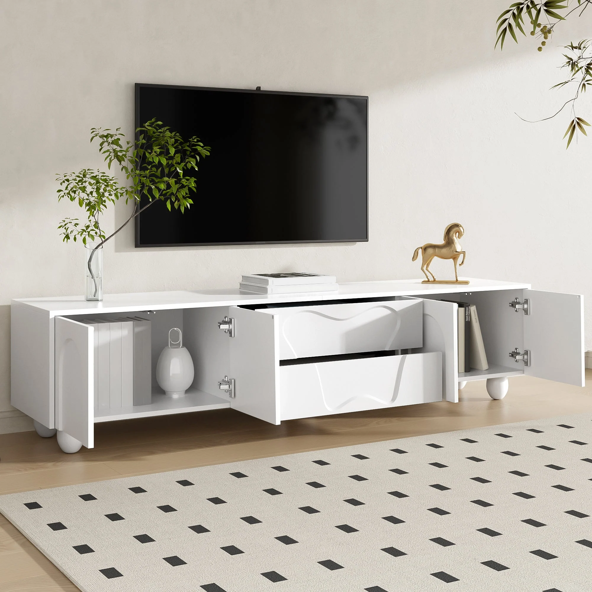 TV Cabinet, Minimalist Elegant with Storage, Wooden Legs White - Image 4