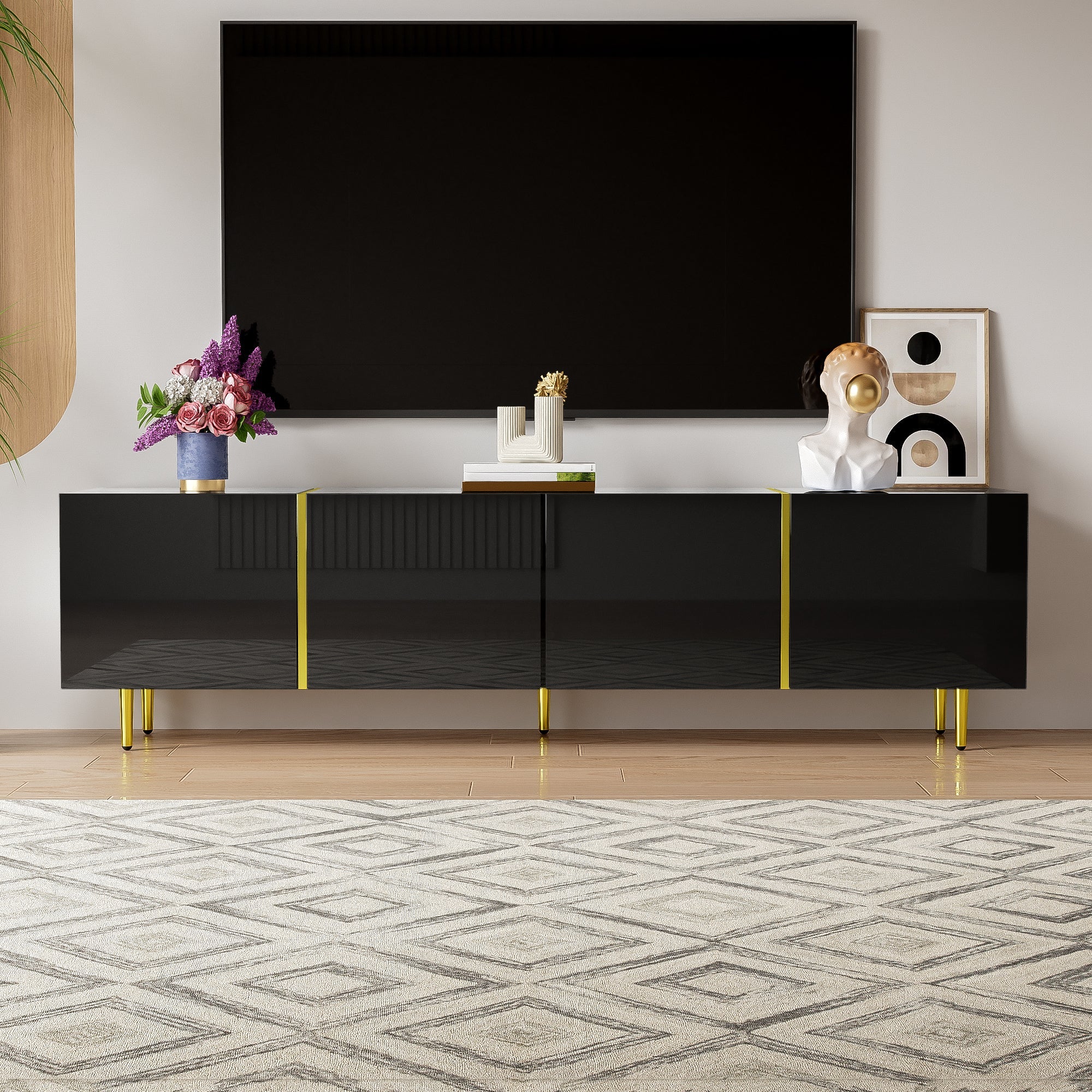 TV Cabinet, Modern 4-Door, High-Gloss Black and Gold - Image 2