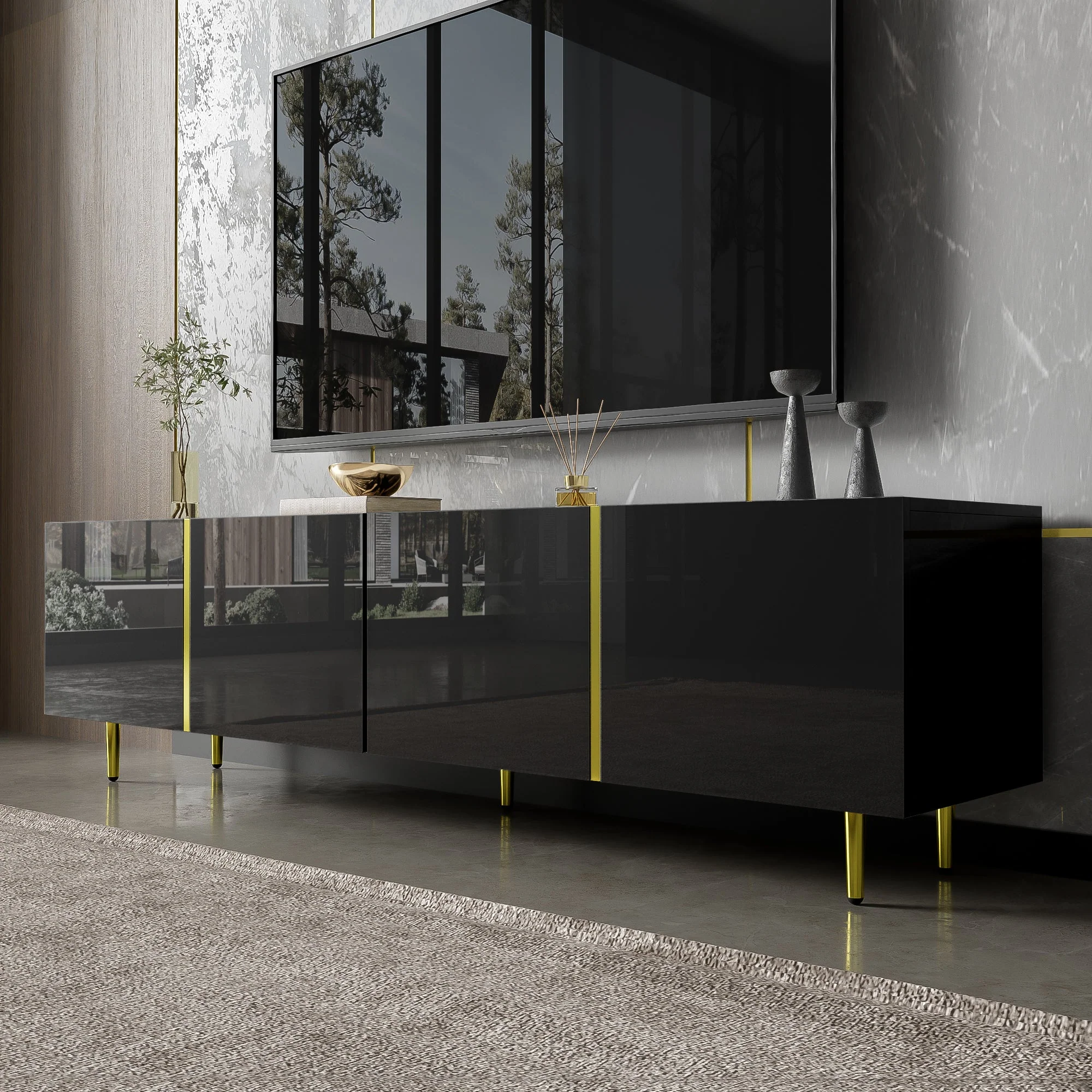 TV Cabinet, Modern 4-Door, High-Gloss Black and Gold - Image 8