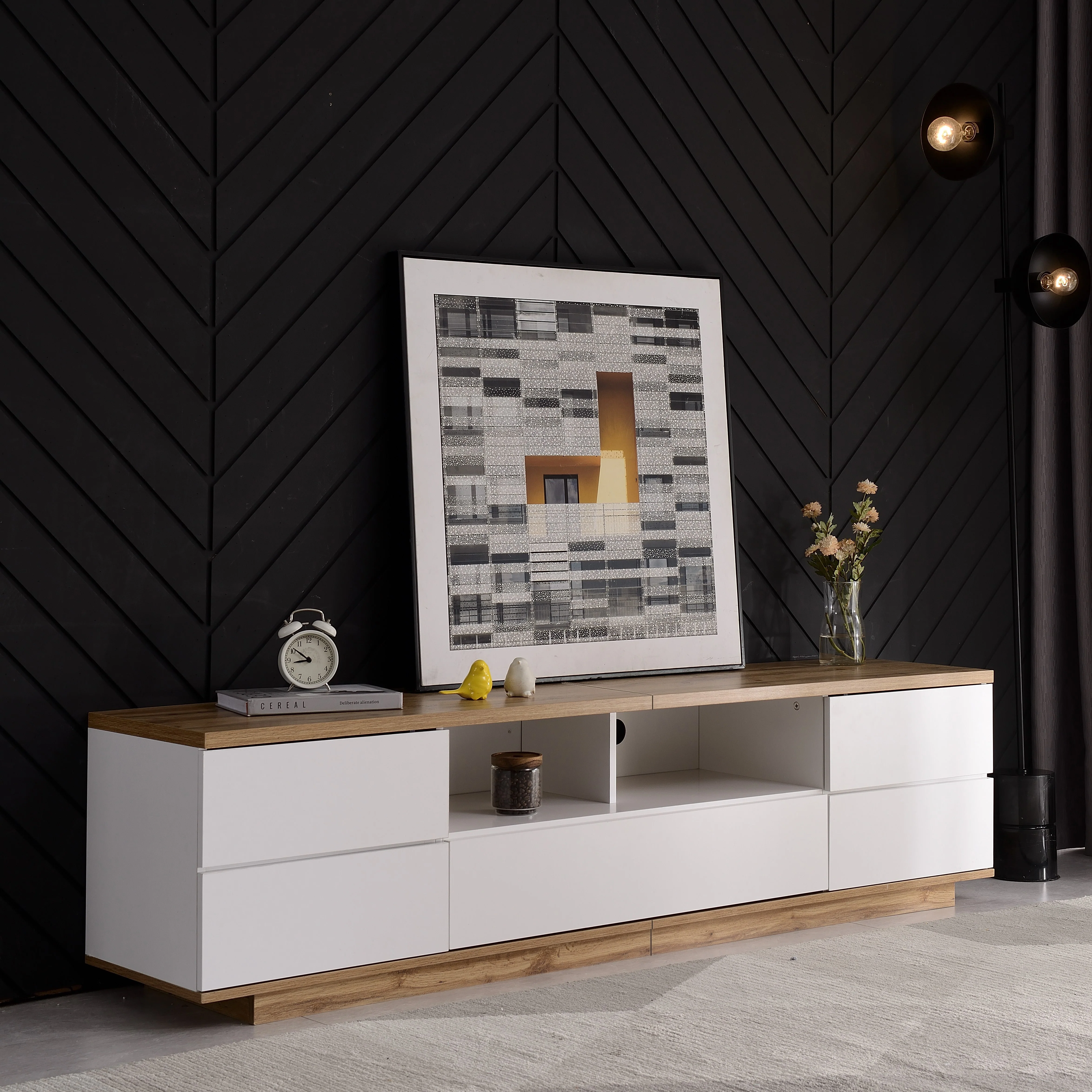TV Cabinet Modern Color-Block 180cm Wood Grain Finish White