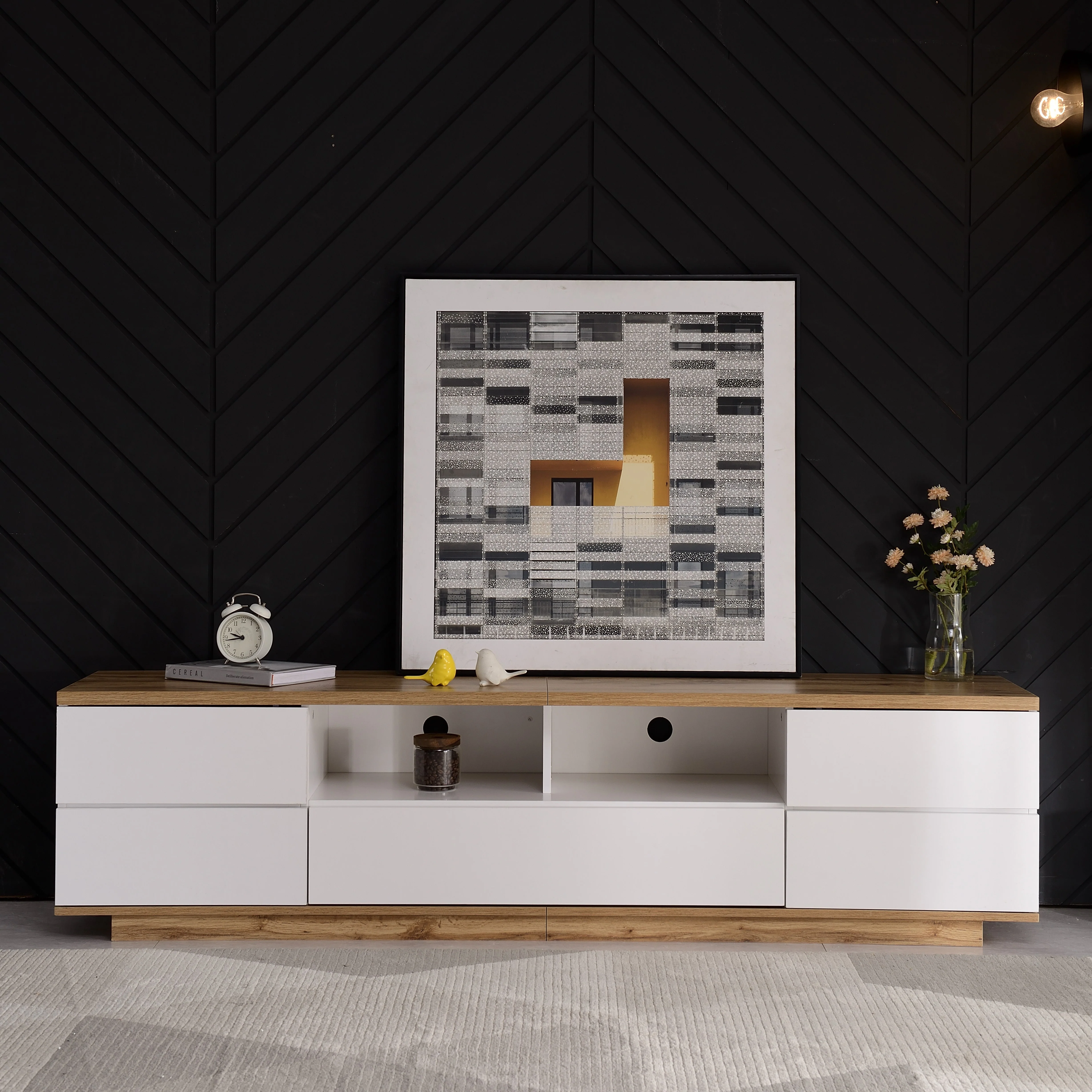 TV Cabinet Modern Color-Block 180cm Wood Grain Finish White - Image 7