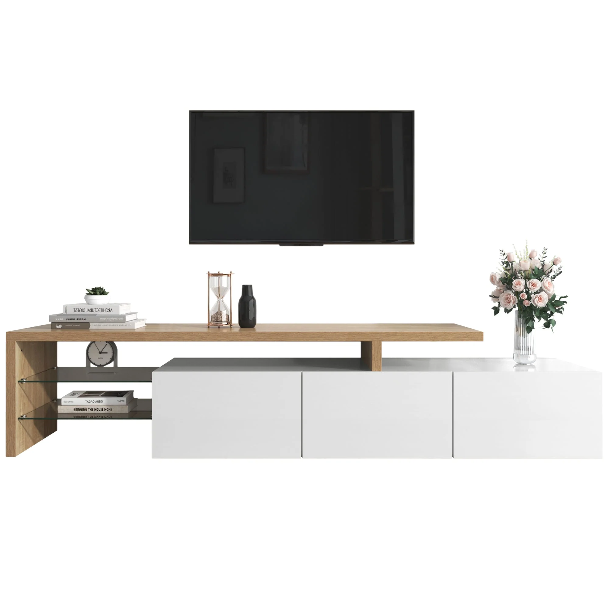 TV Cabinet, Modern High-Gloss with Glass Shelves & LED Lighting, White Wood - Image 7