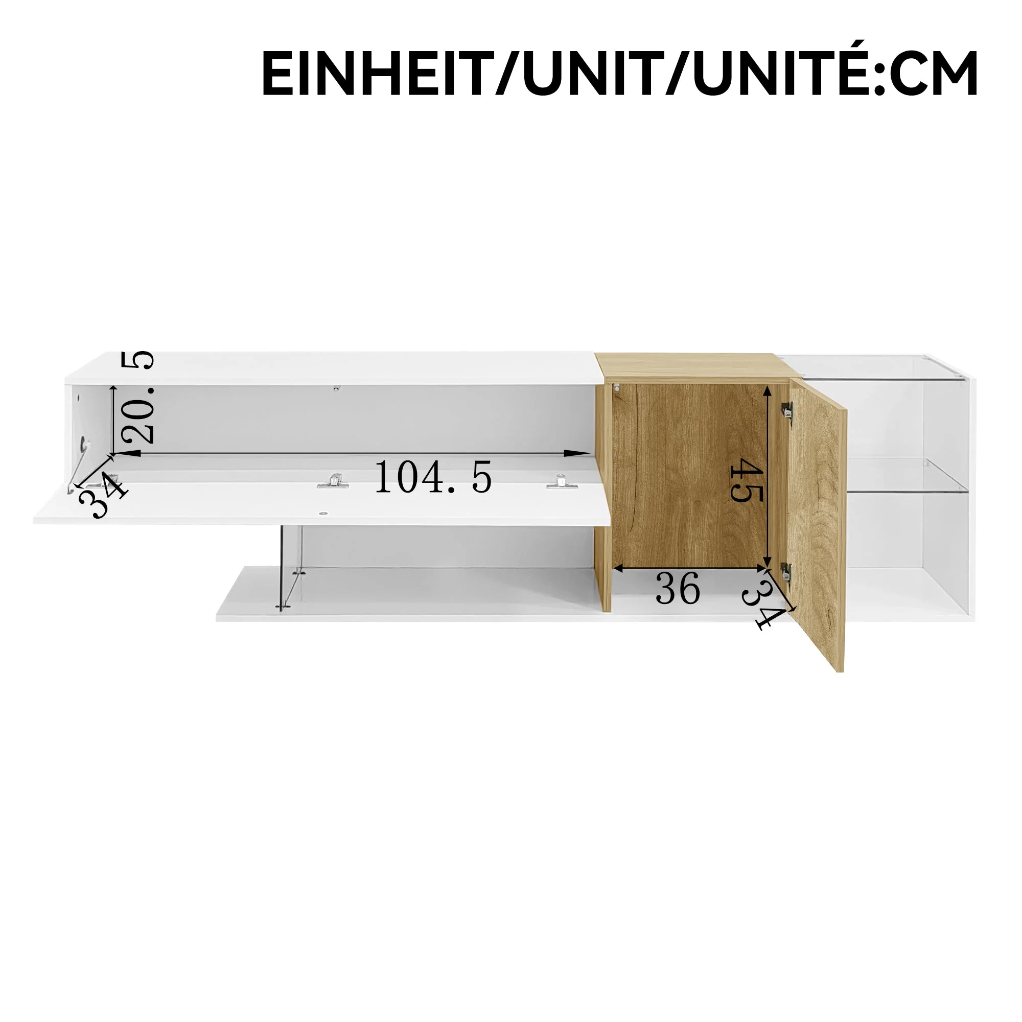 TV Cabinet, Modern High-Gloss with Glass Shelves, White Wood - Image 5