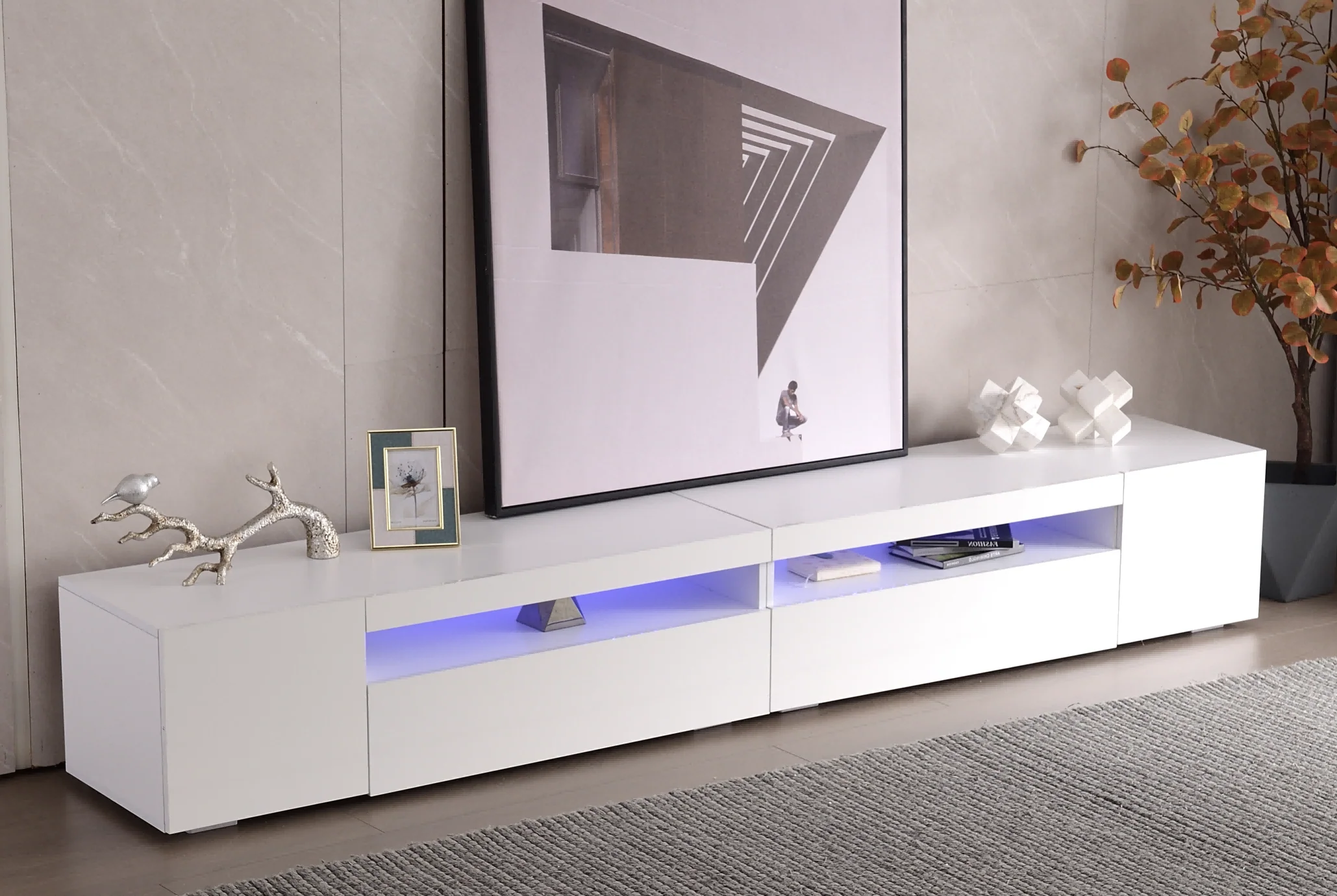 TV Cabinet, Modern LED Lighting, 240cm, White