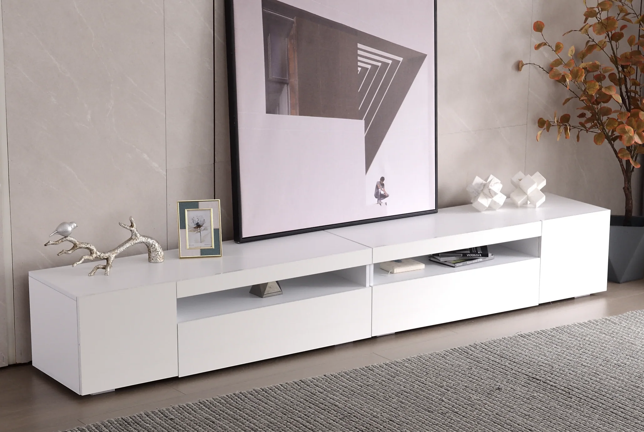 TV Cabinet, Modern LED Lighting, 240cm, White - Image 10