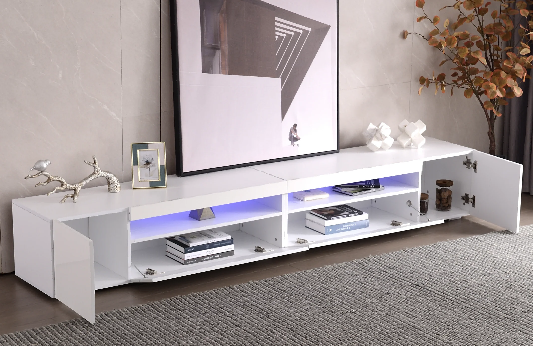 TV Cabinet, Modern LED Lighting, 240cm, White - Image 2