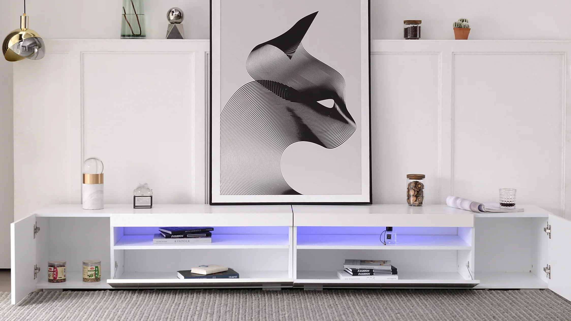 TV Cabinet, Modern LED Lighting, 240cm, White - Image 3