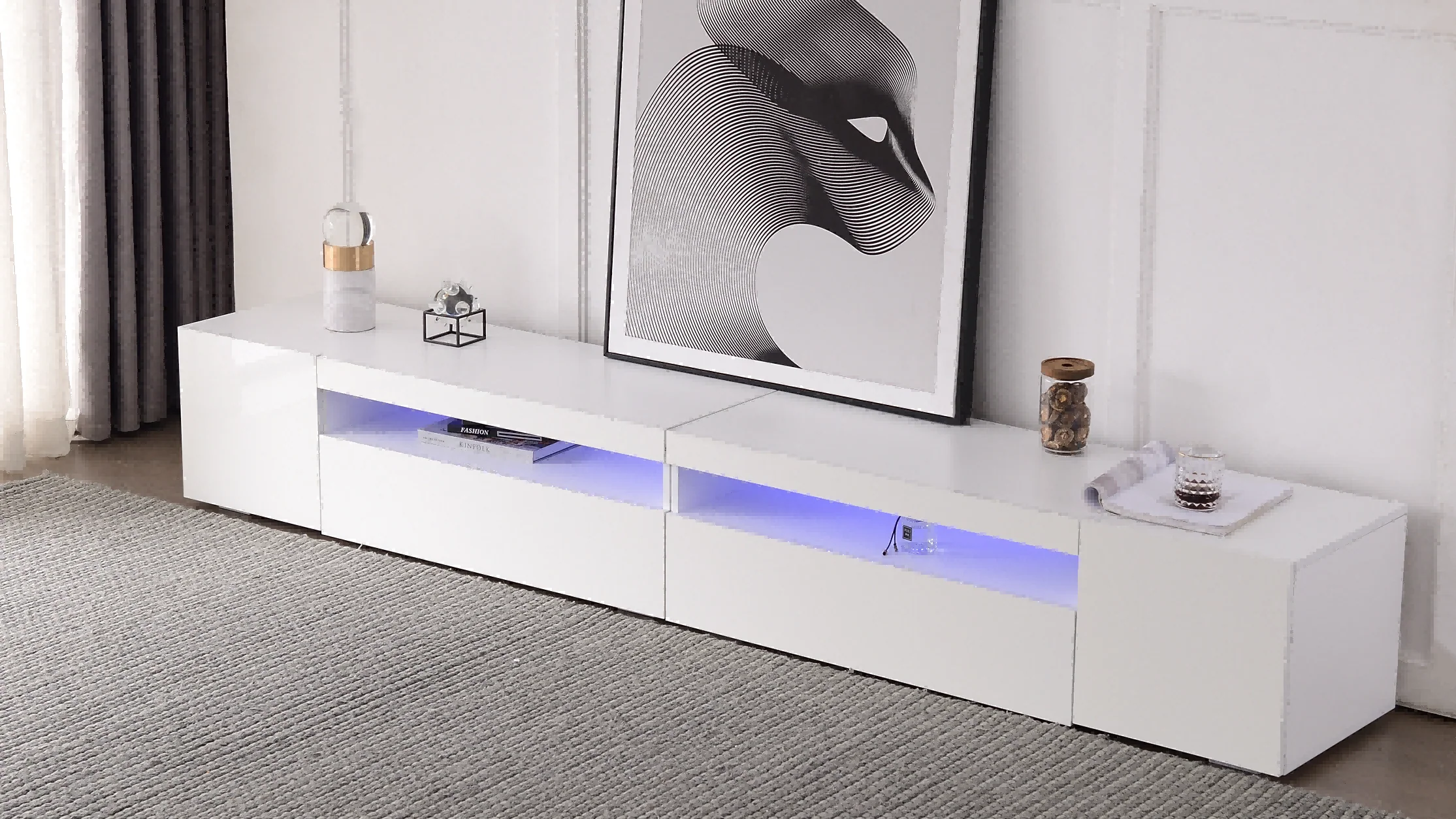 TV Cabinet, Modern LED Lighting, 240cm, White - Image 4