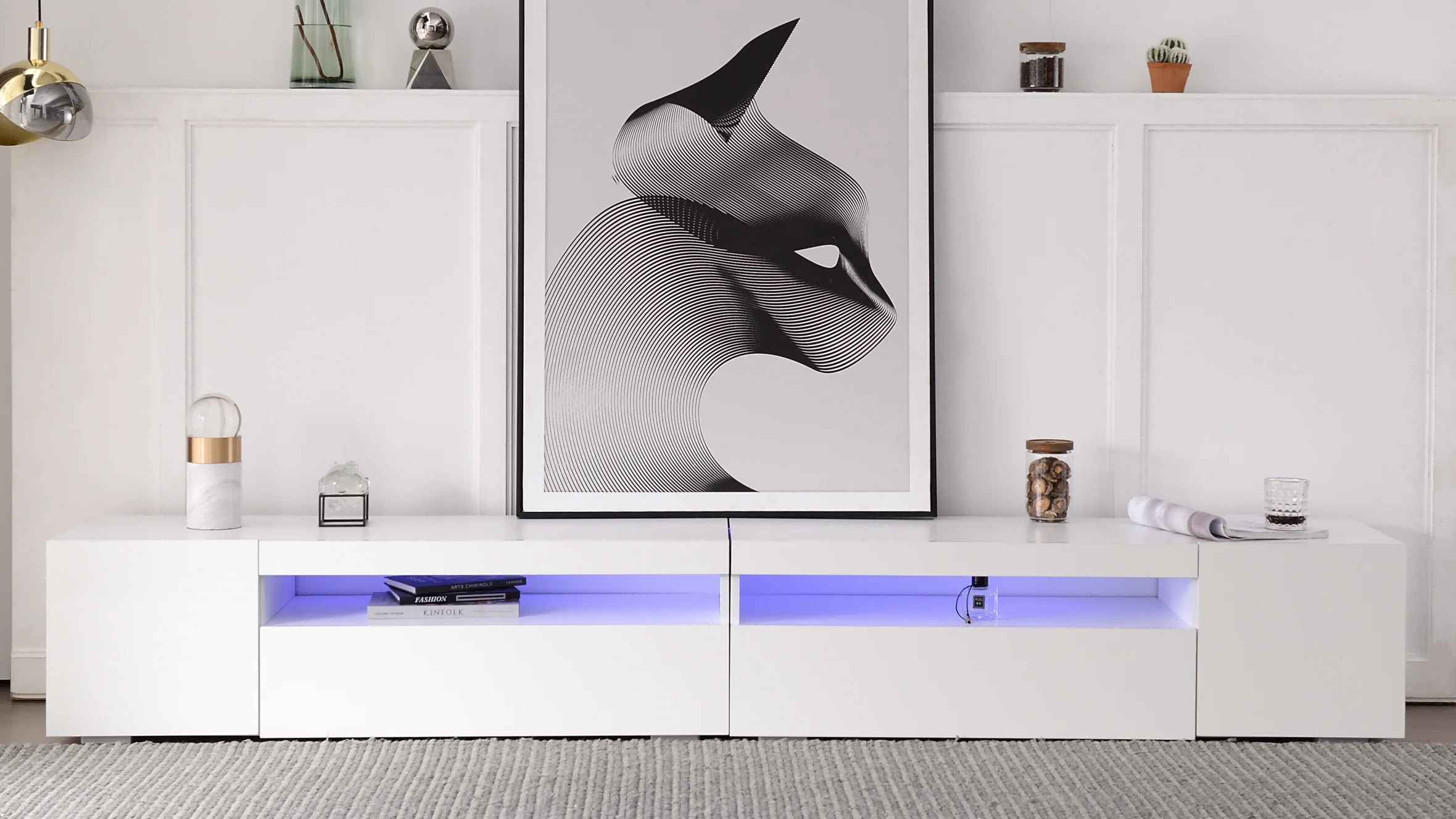TV Cabinet, Modern LED Lighting, 240cm, White - Image 5