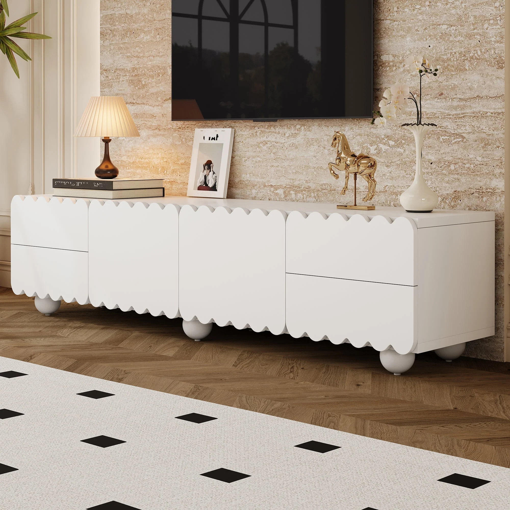 TV Cabinet Modern Low Stand 175x38x37cm - White - Image 5
