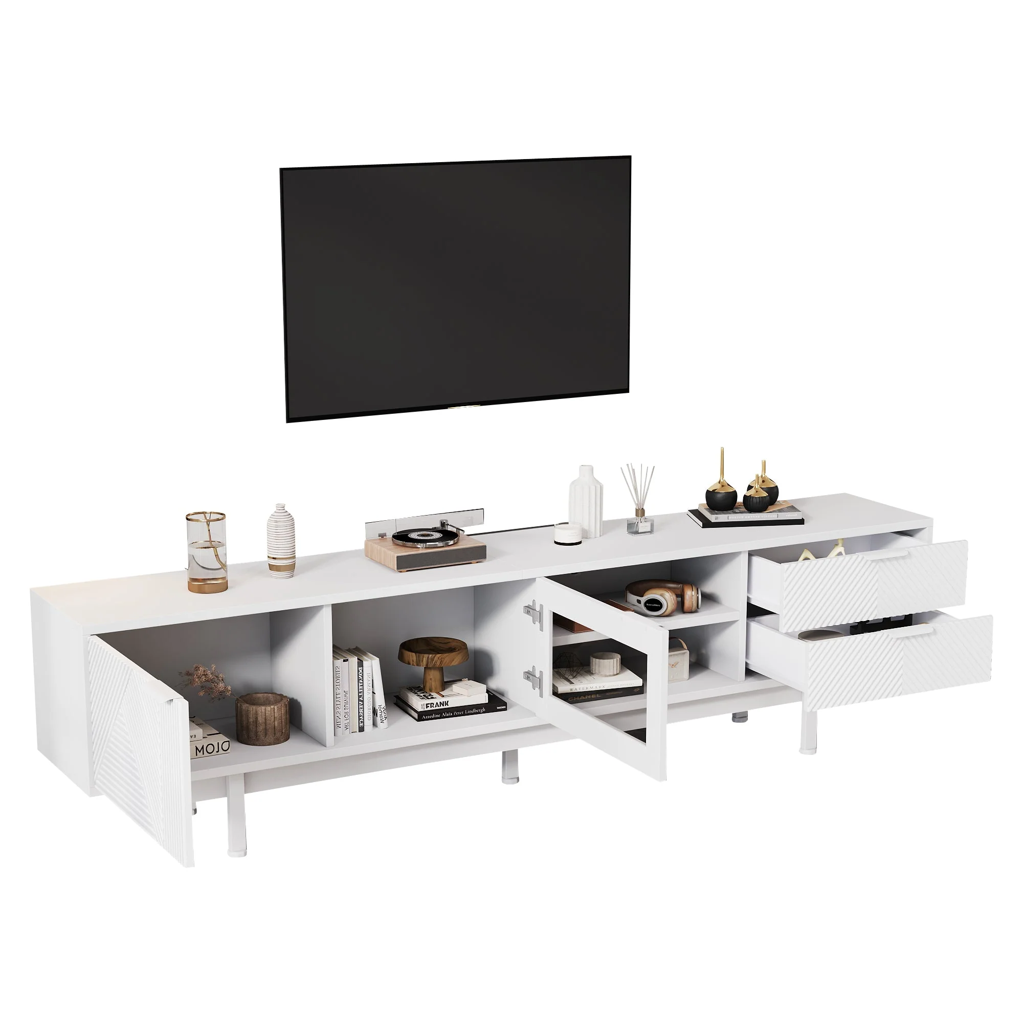 TV Cabinet, Modern Simple 80-inch with 2 Doors & 2 Drawers, White - Image 10