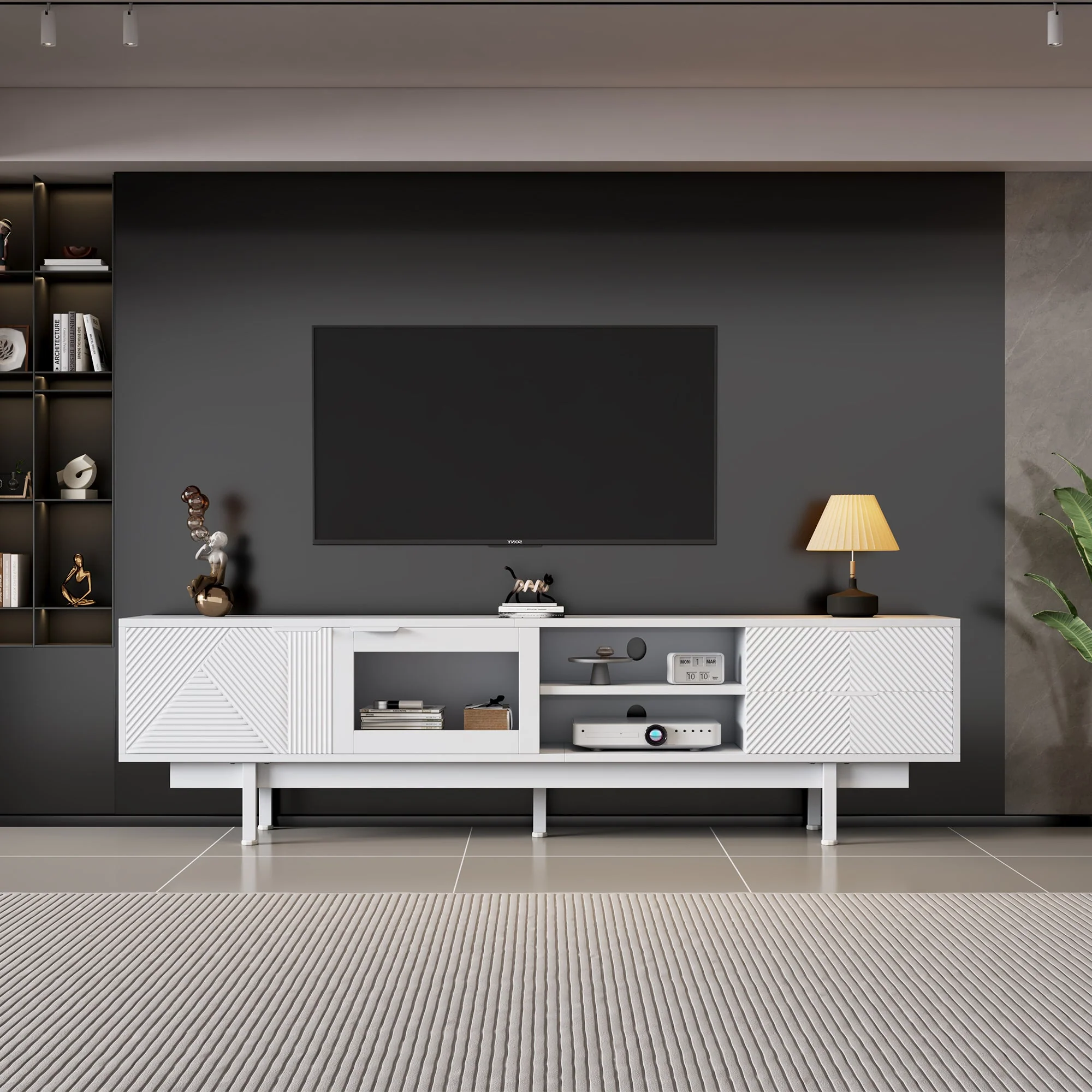 TV Cabinet, Modern Simple 80-inch with 2 Doors & 2 Drawers, White - Image 3