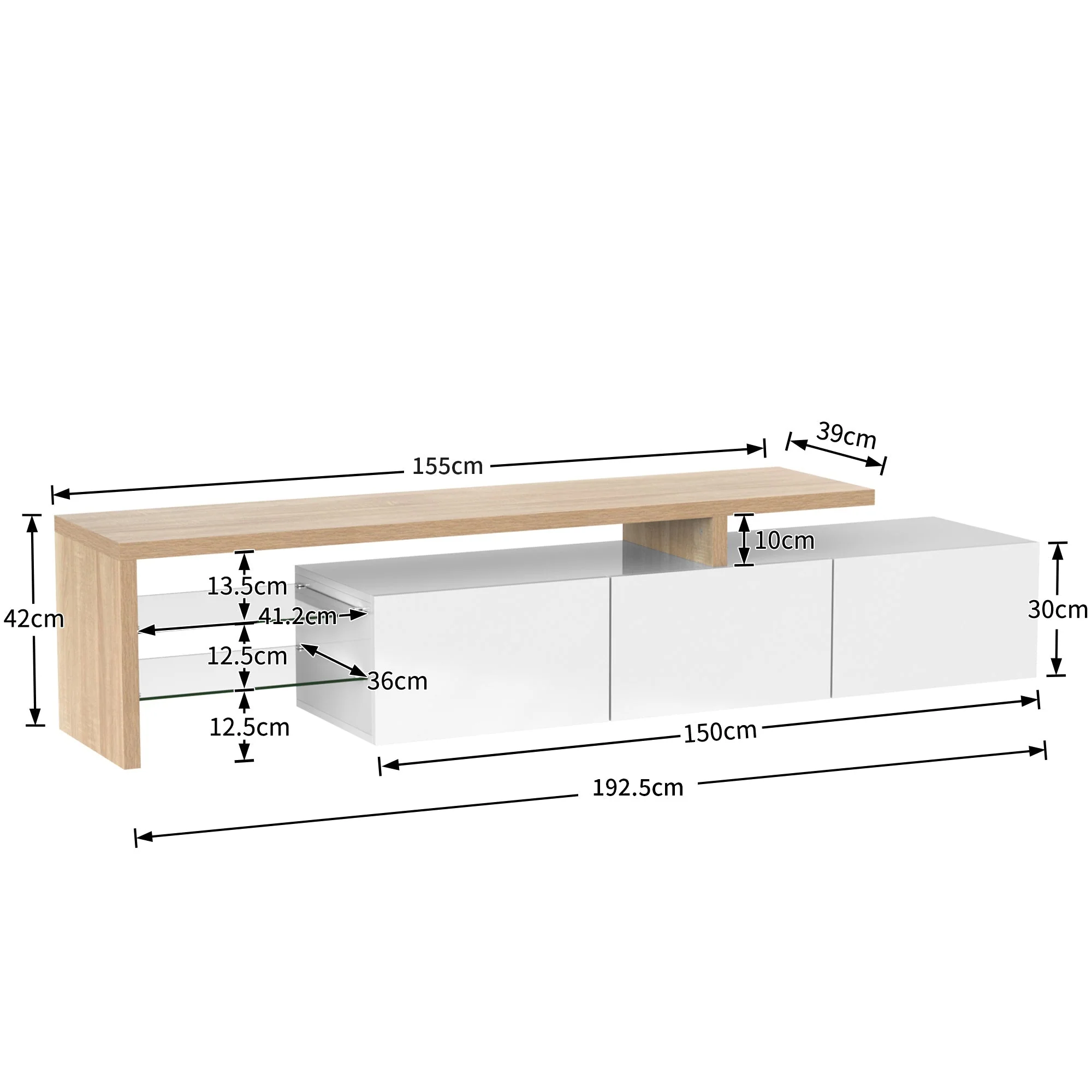 TV Cabinet, Modern Stylish Elegant with Practical Storage, High-Gloss White, Wooden Look, Glass Shelves & LED Lighting - Image 4