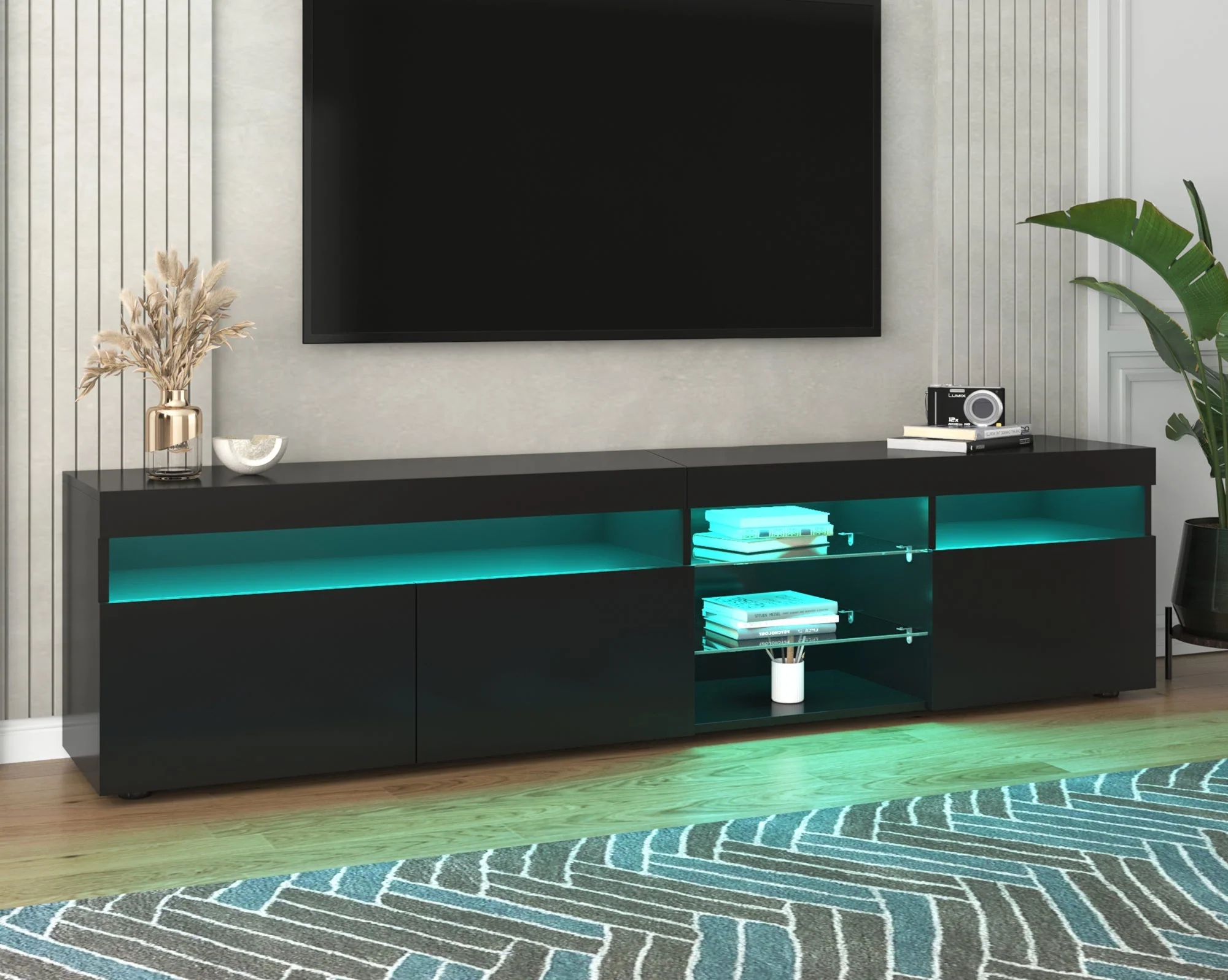 TV Cabinet, Modern with Bright Panel & LED Lighting, 180cm Black - Image 5