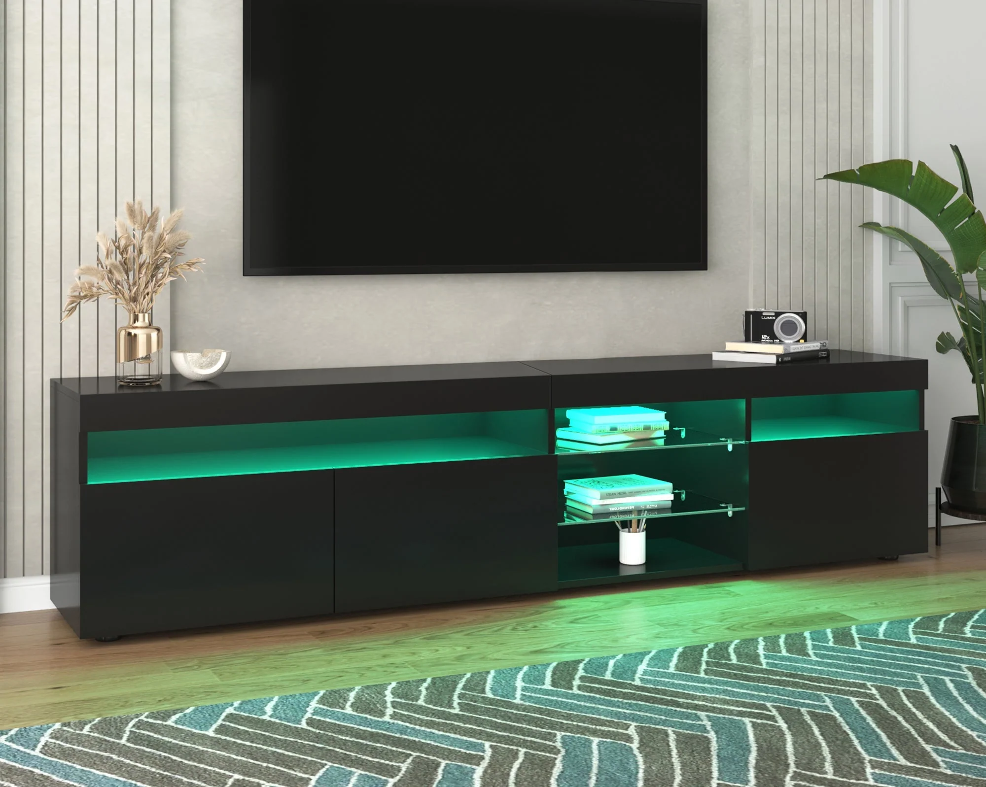 TV Cabinet, Modern with Bright Panel & LED Lighting, 180cm Black - Image 7