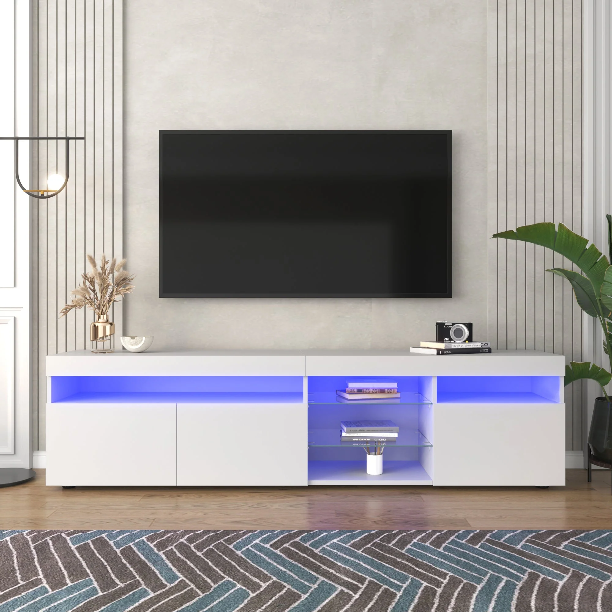 TV Cabinet, Modern with Bright Panel, Variable LED Lighting, 180cm, White