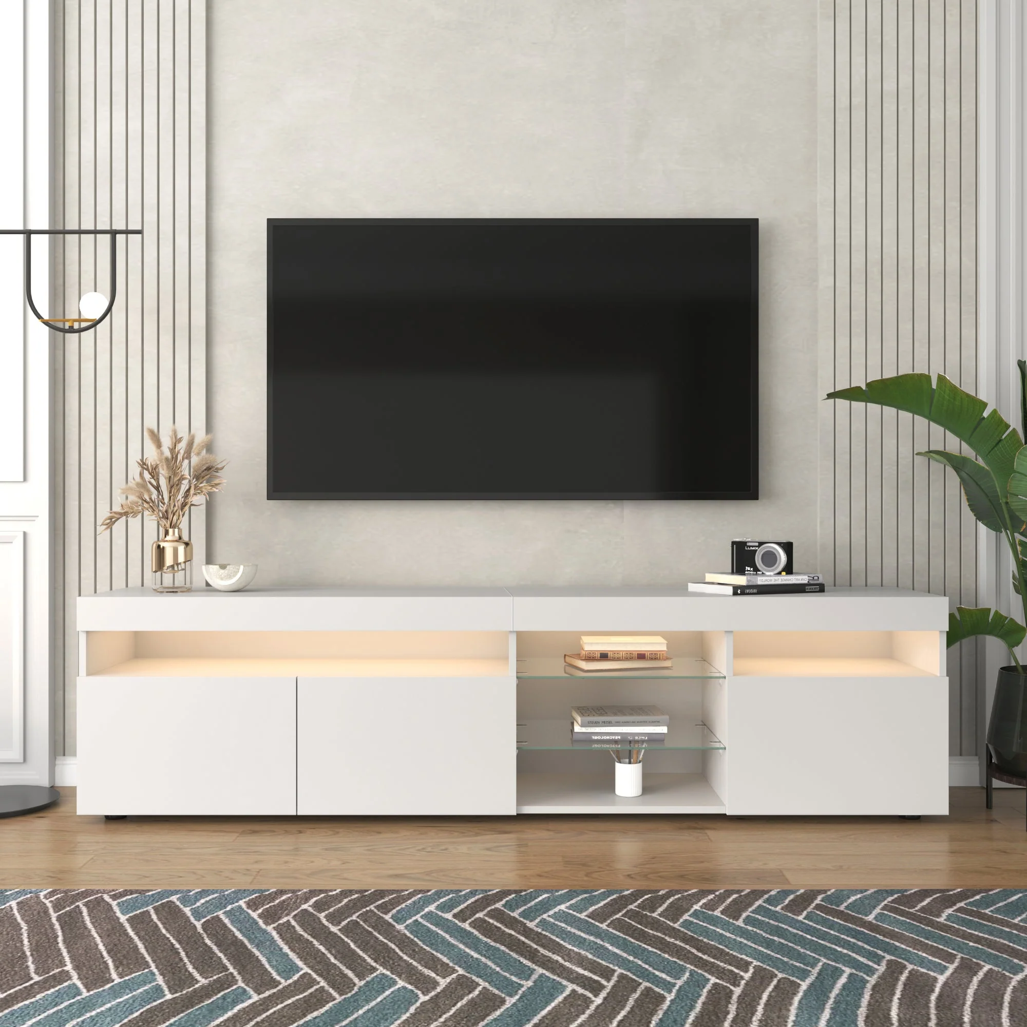 TV Cabinet, Modern with Bright Panel, Variable LED Lighting, 180cm, White - Image 2