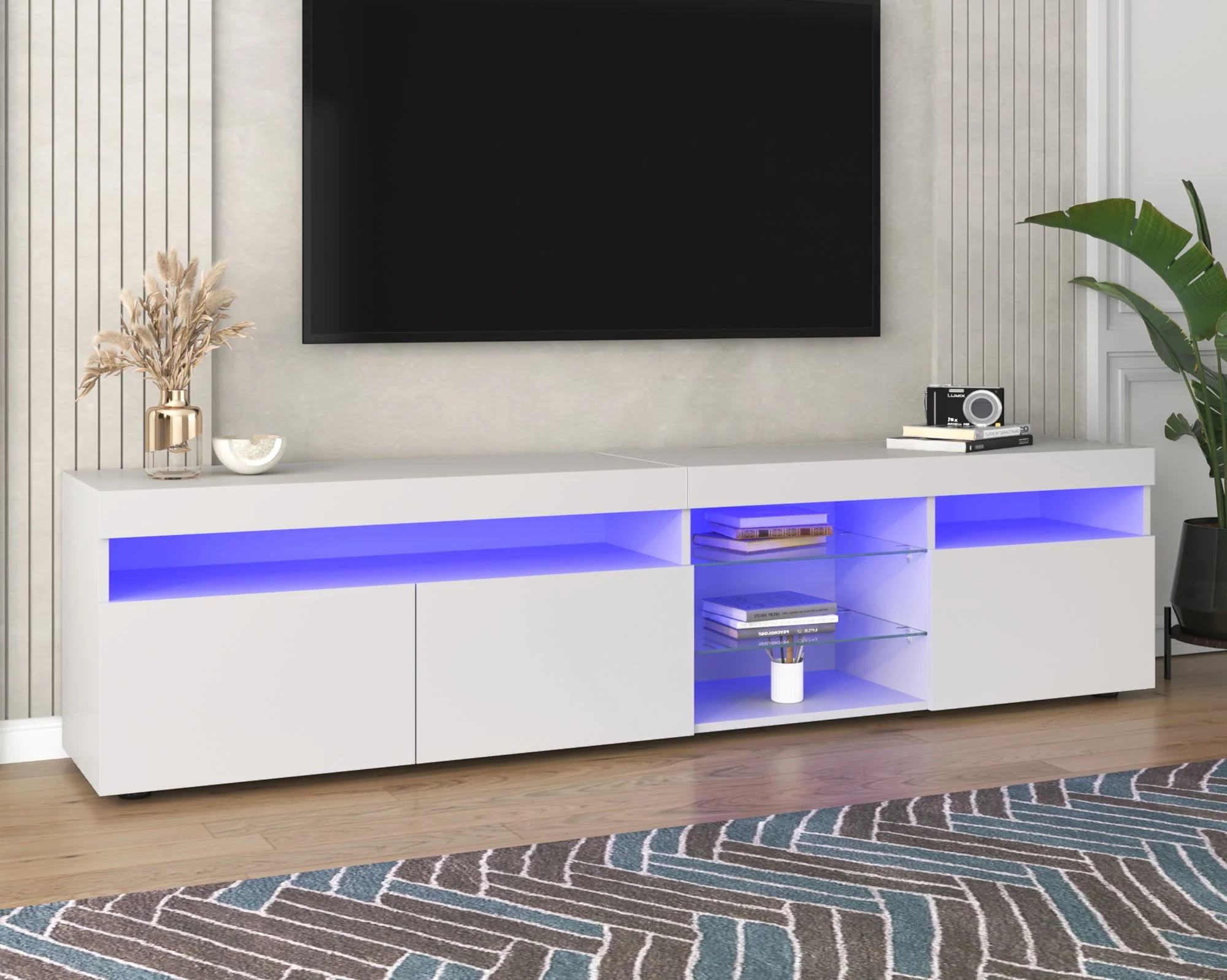 TV Cabinet, Modern with Bright Panel, Variable LED Lighting, 180cm, White - Image 3