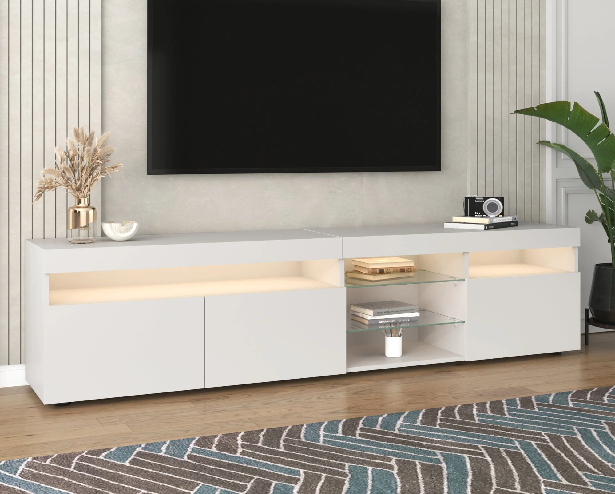 TV Cabinet, Modern with Bright Panel, Variable LED Lighting, 180cm, White - Image 4