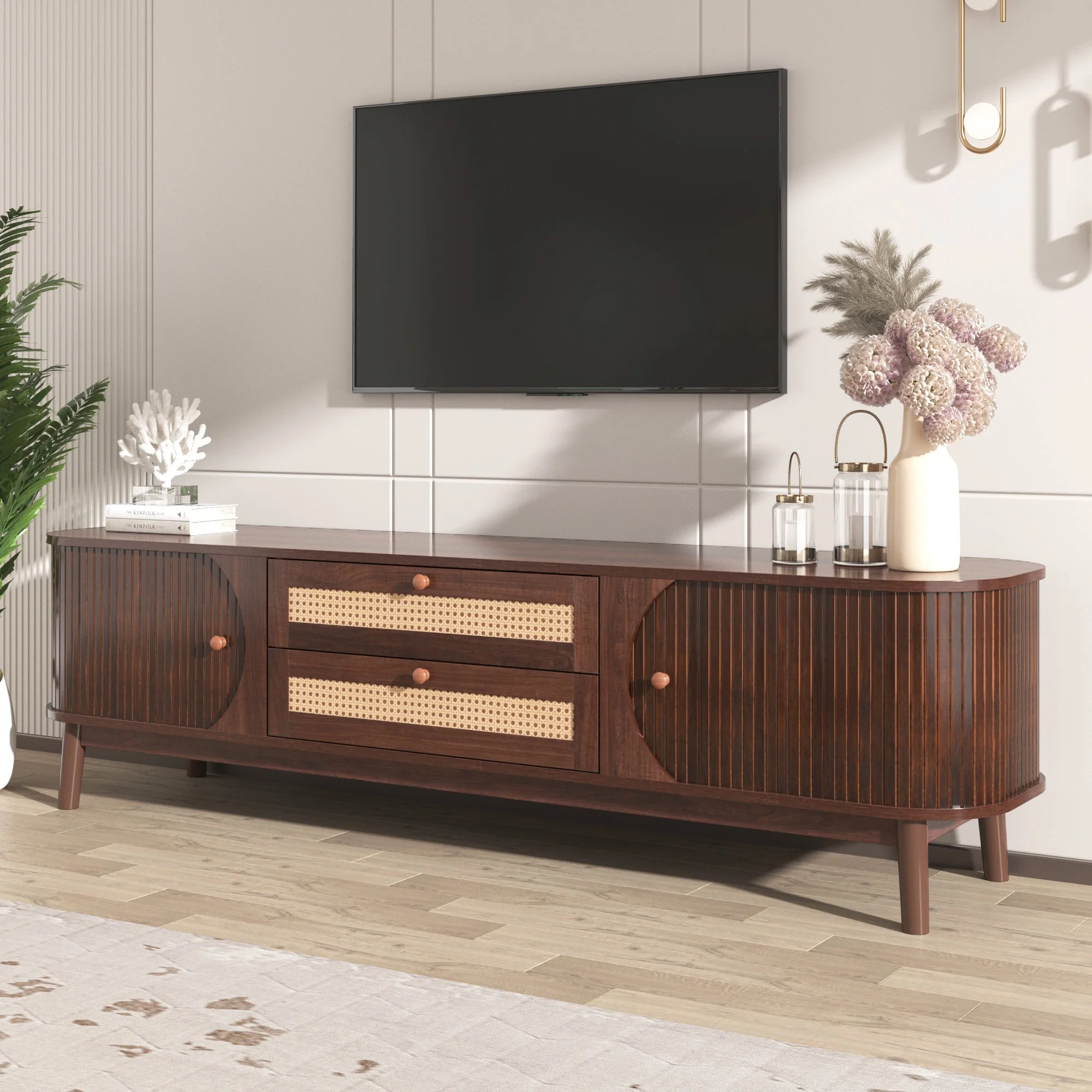 TV Cabinet - Natural Walnut Color Mixed TV Panel with Rattan Drawers - Image 2