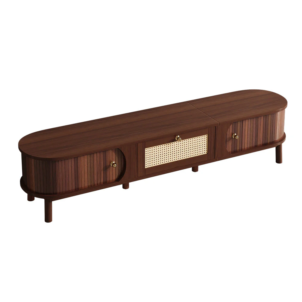 TV Cabinet Natural Wood Doors Rattan Drawers Rustic Storage - Image 3