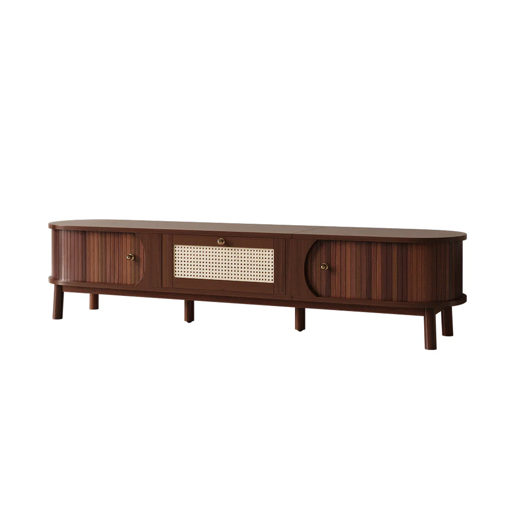 TV Cabinet Natural Wood Doors Rattan Drawers Rustic Storage - Image 4