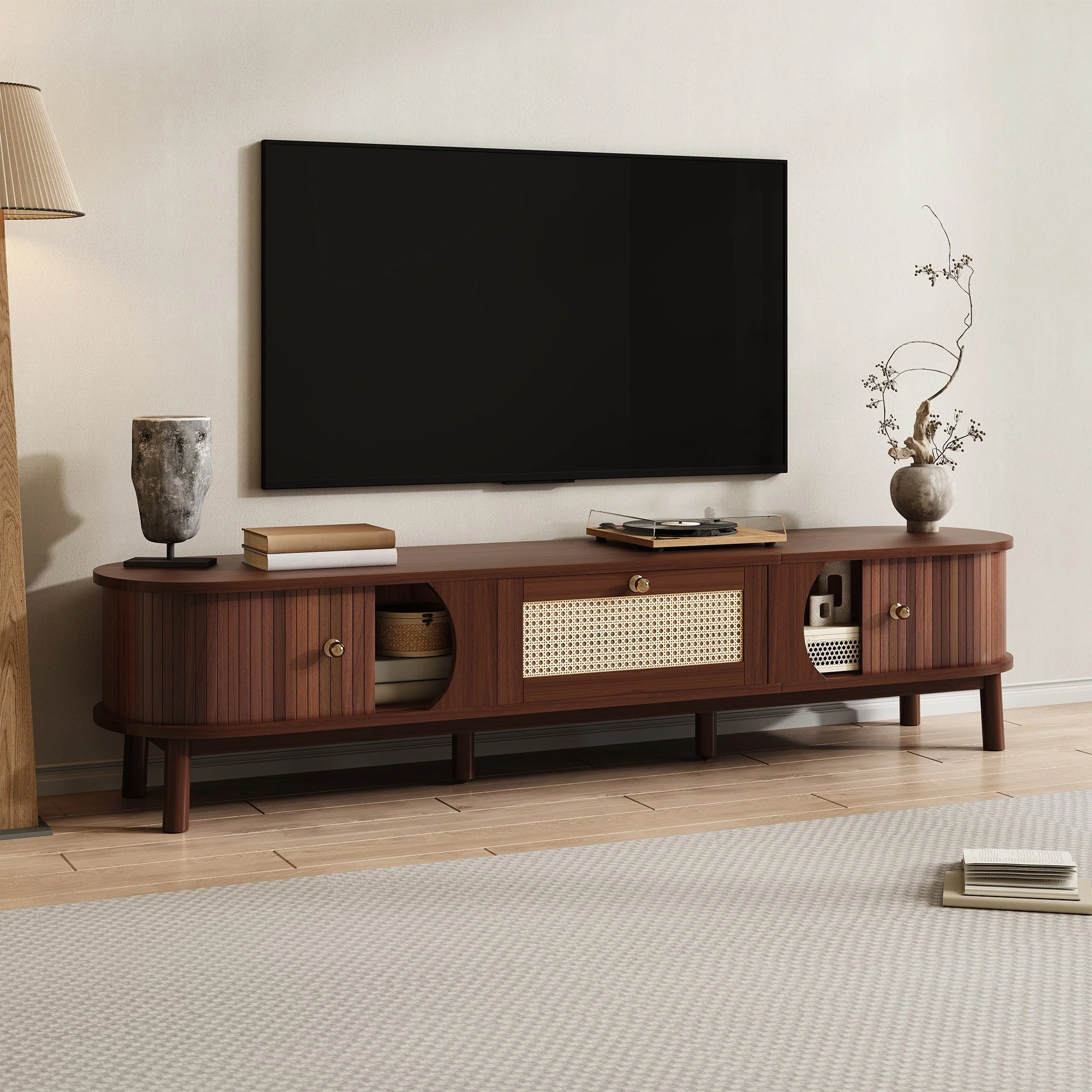TV Cabinet Natural Wood Doors Rattan Drawers Rustic Storage - Image 7