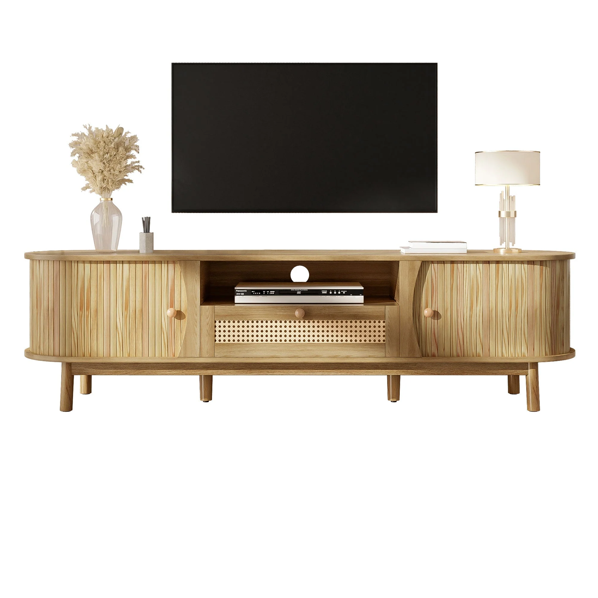 TV Cabinet Rattan Doors Drawers Low Profile - Country Style - Image 2