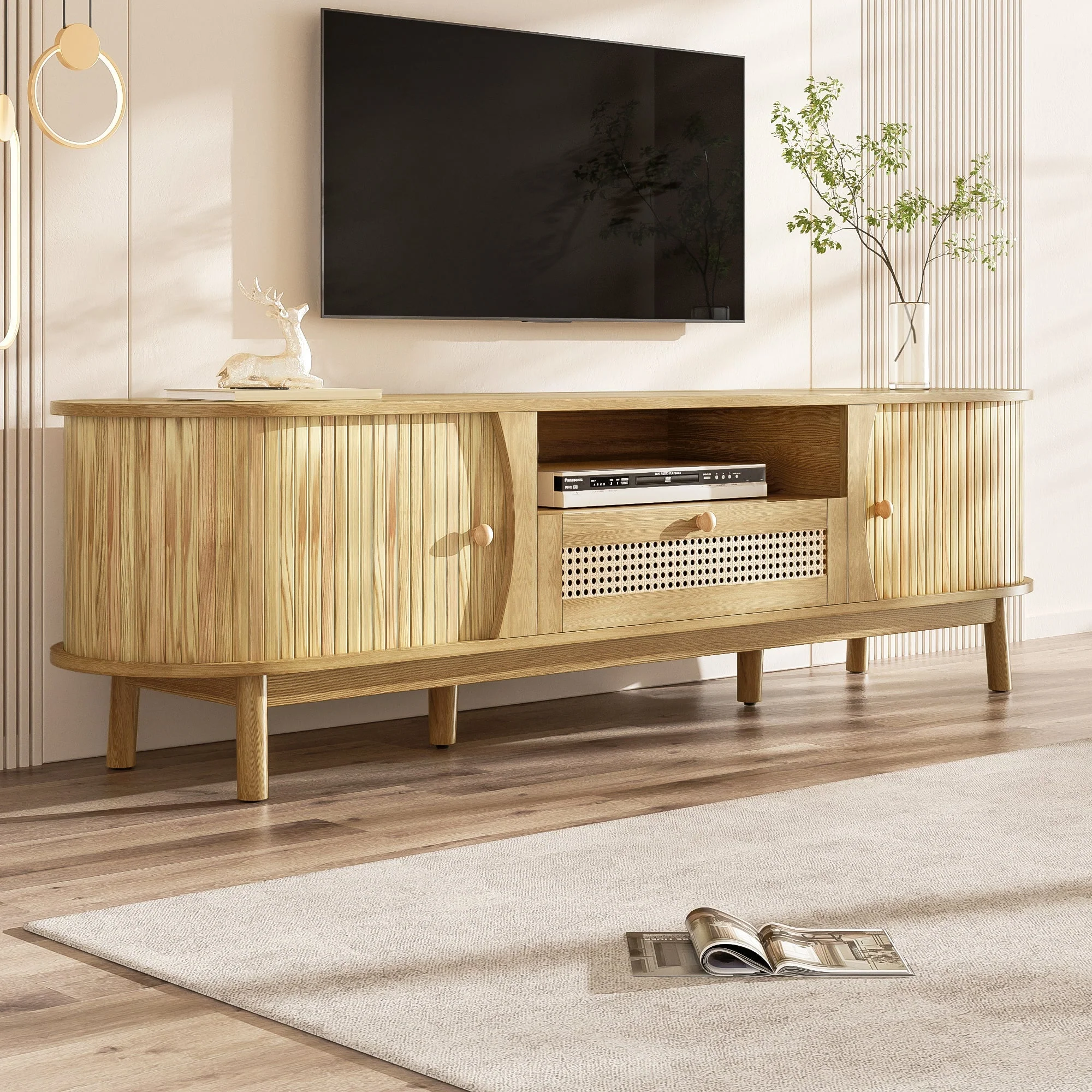 TV Cabinet Rattan Doors Drawers Low Profile - Country Style - Image 4