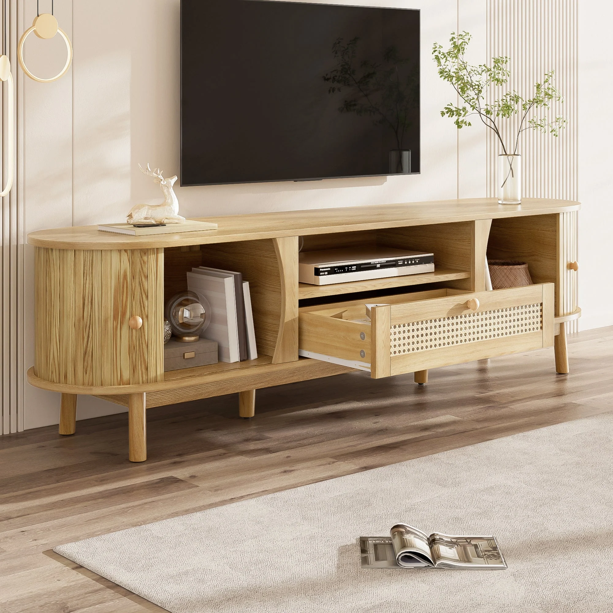 TV Cabinet Rattan Doors Drawers Low Profile - Country Style - Image 5