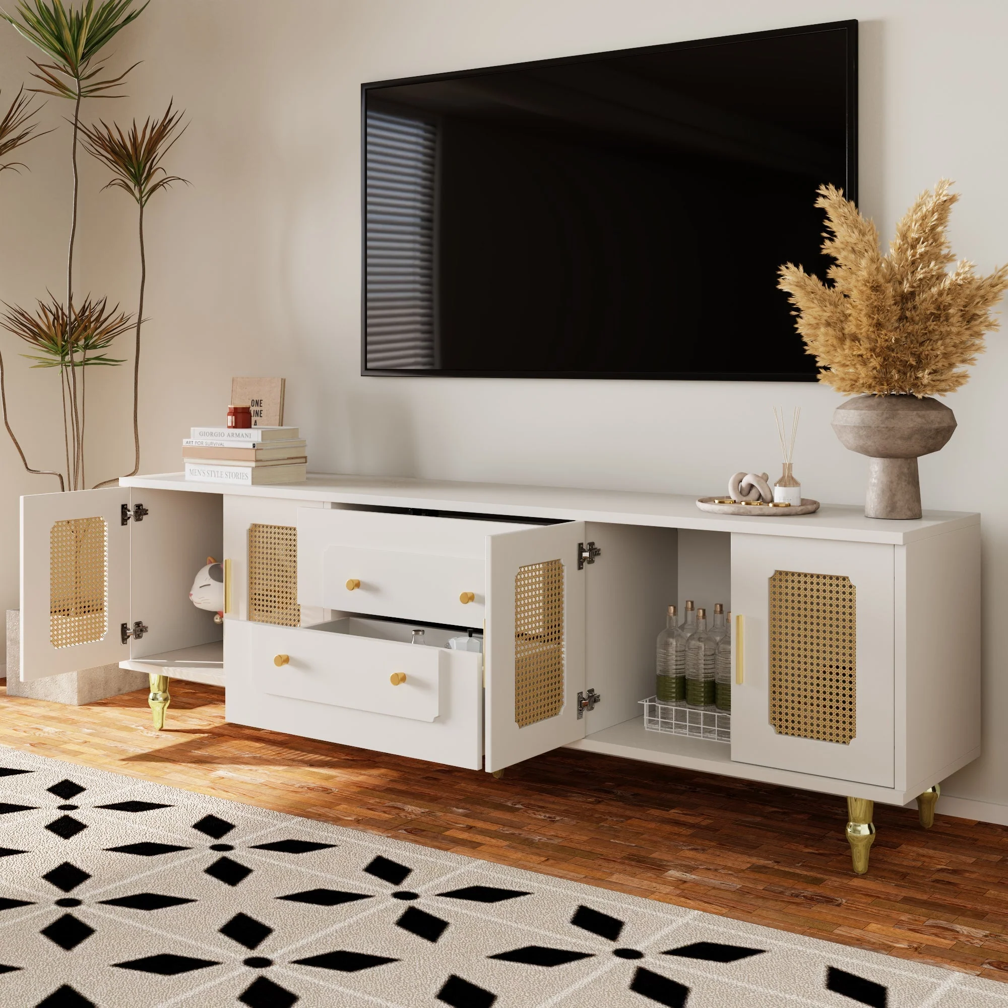 TV Cabinet, Retro Lowboard with Rattan Door & Gold Handles, Metal Legs - Image 10
