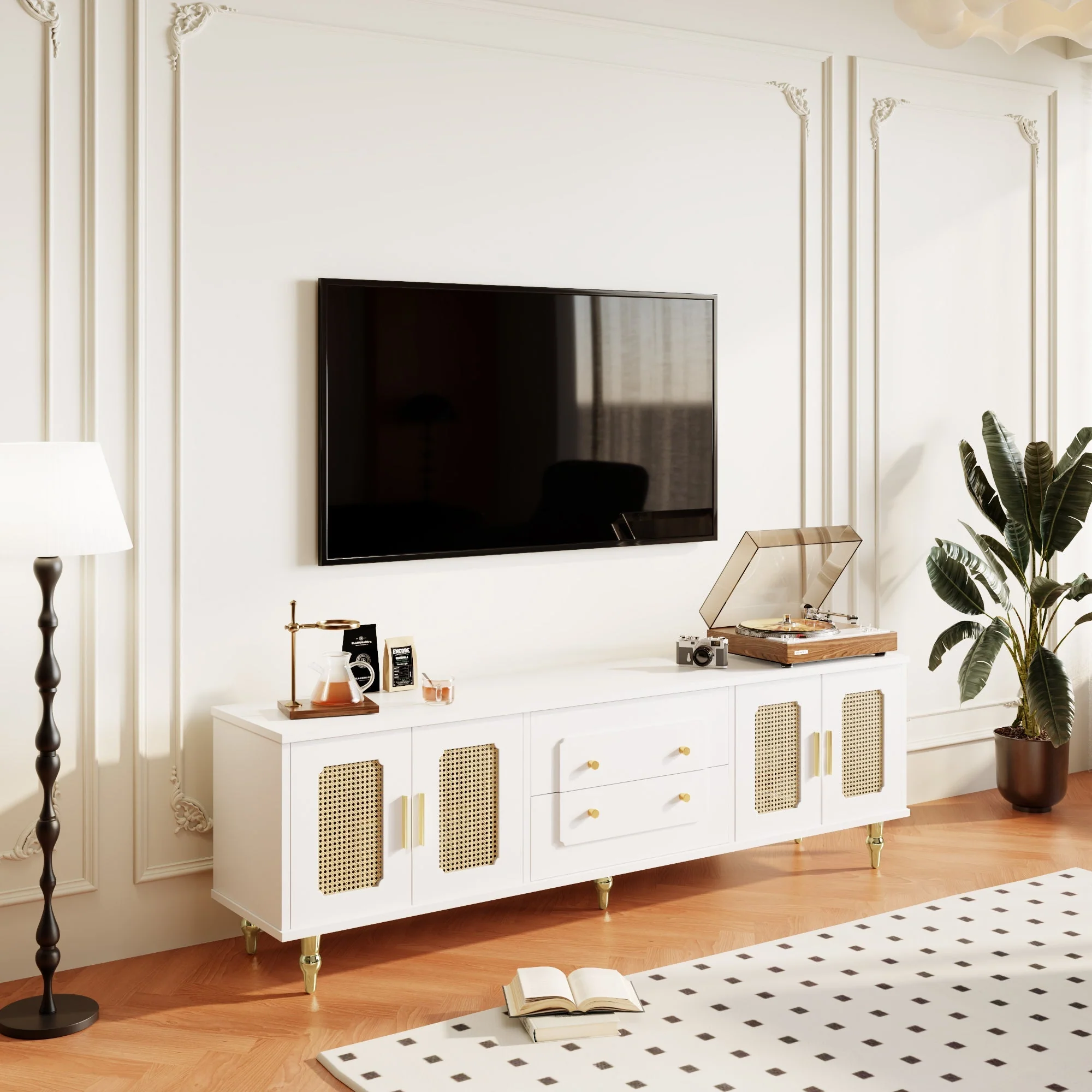 TV Cabinet, Retro Lowboard with Rattan Door & Gold Handles, Metal Legs - Image 4