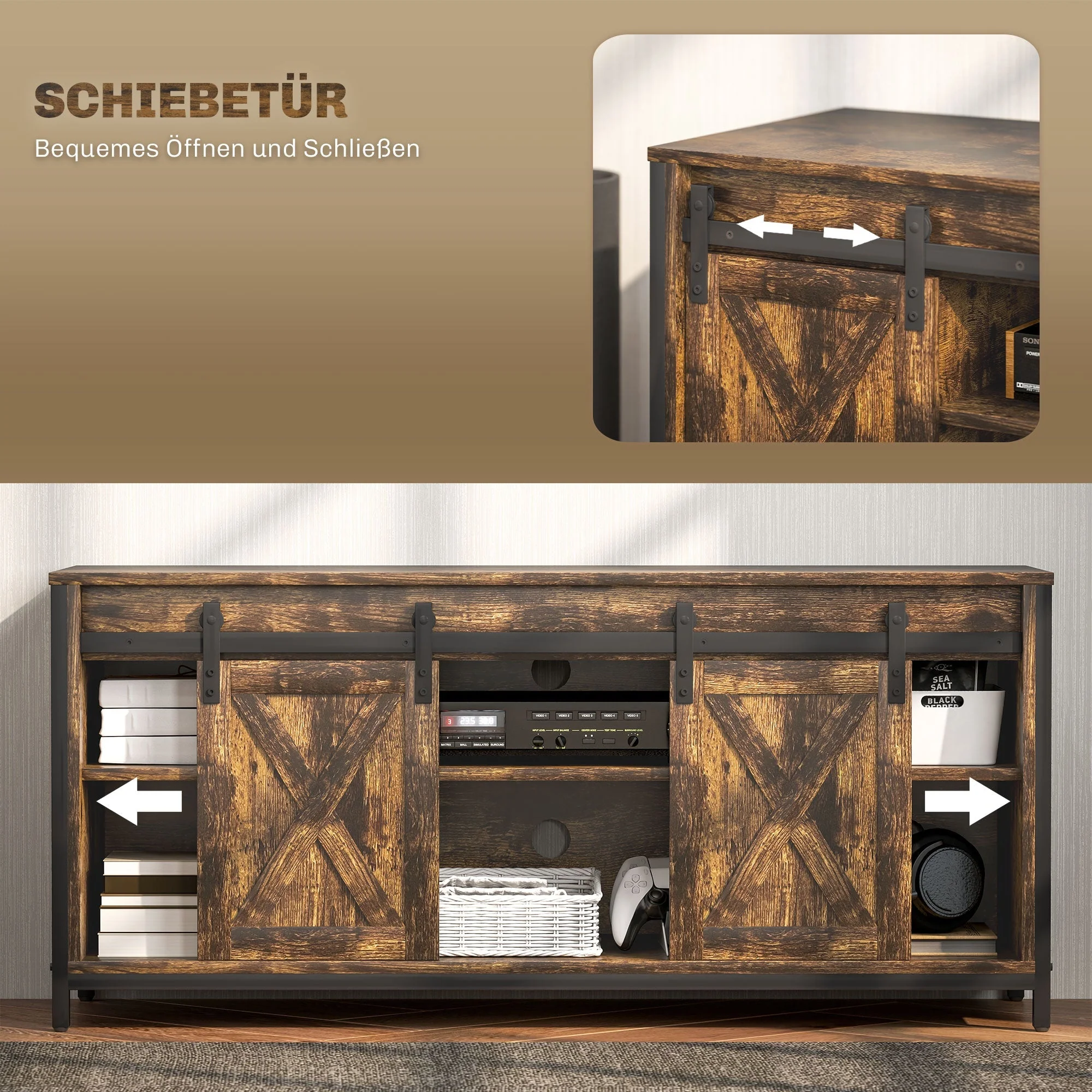 TV Cabinet, Stand for TVs up to 60 inches, 2 Cabinets 2 Shelves, Brown - Image 5