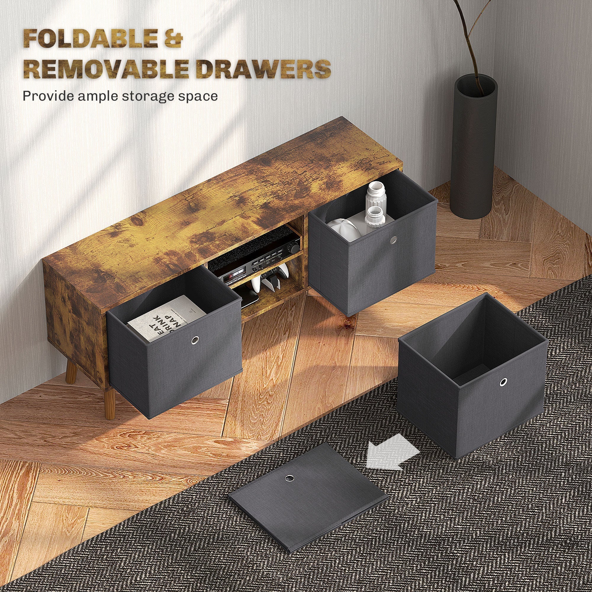 TV Cabinet Stand Unit for TVs up to 50'' with Foldable Drawers, Rustic Brown - Image 5