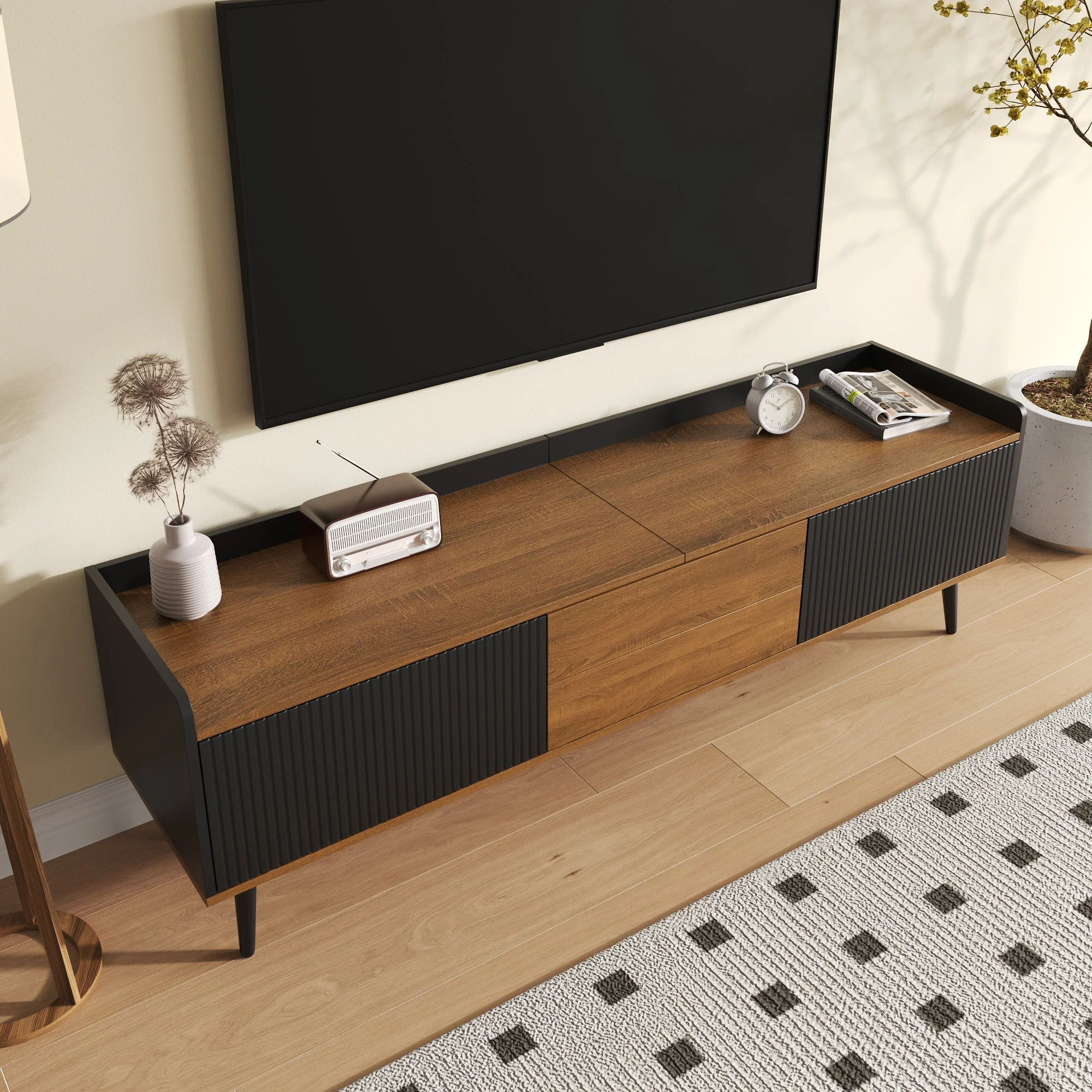TV Cabinet Three-Door Base Cabinet, Compact Design, Black and Natural Wood - Image 6