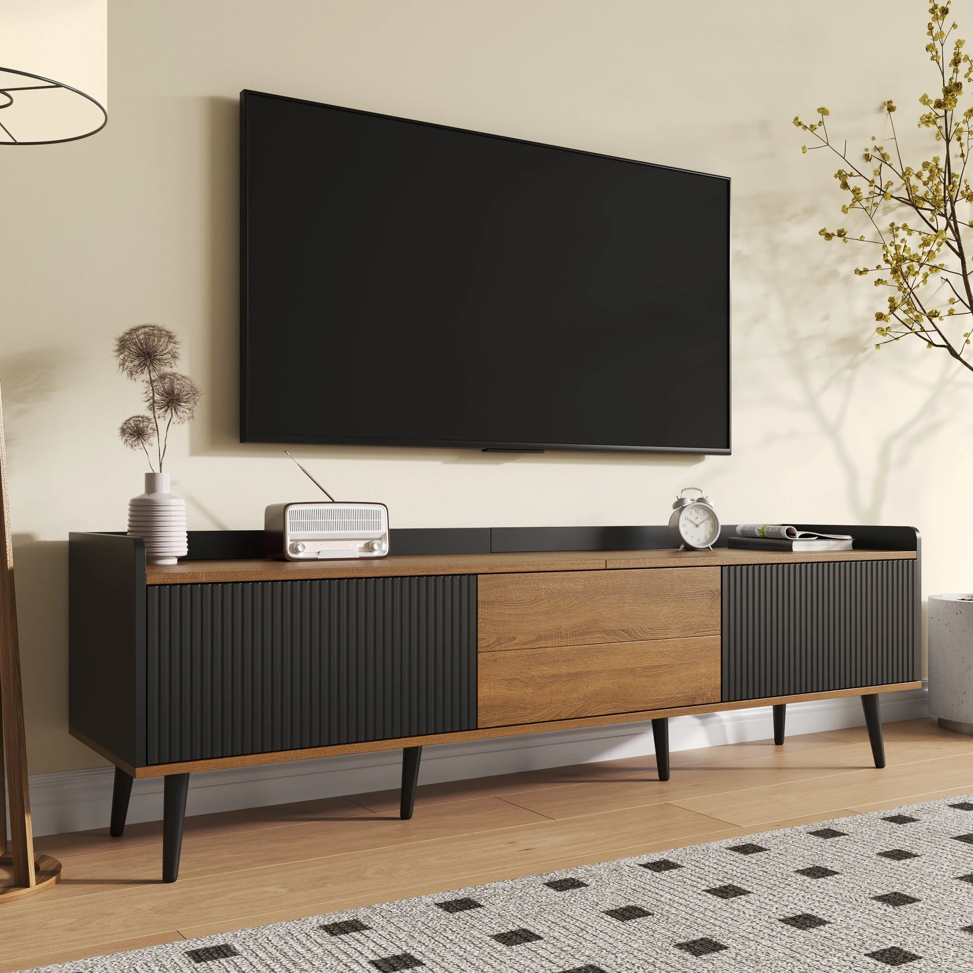 TV Cabinet Three-Door Base Cabinet, Compact Design, Black and Natural Wood - Image 8