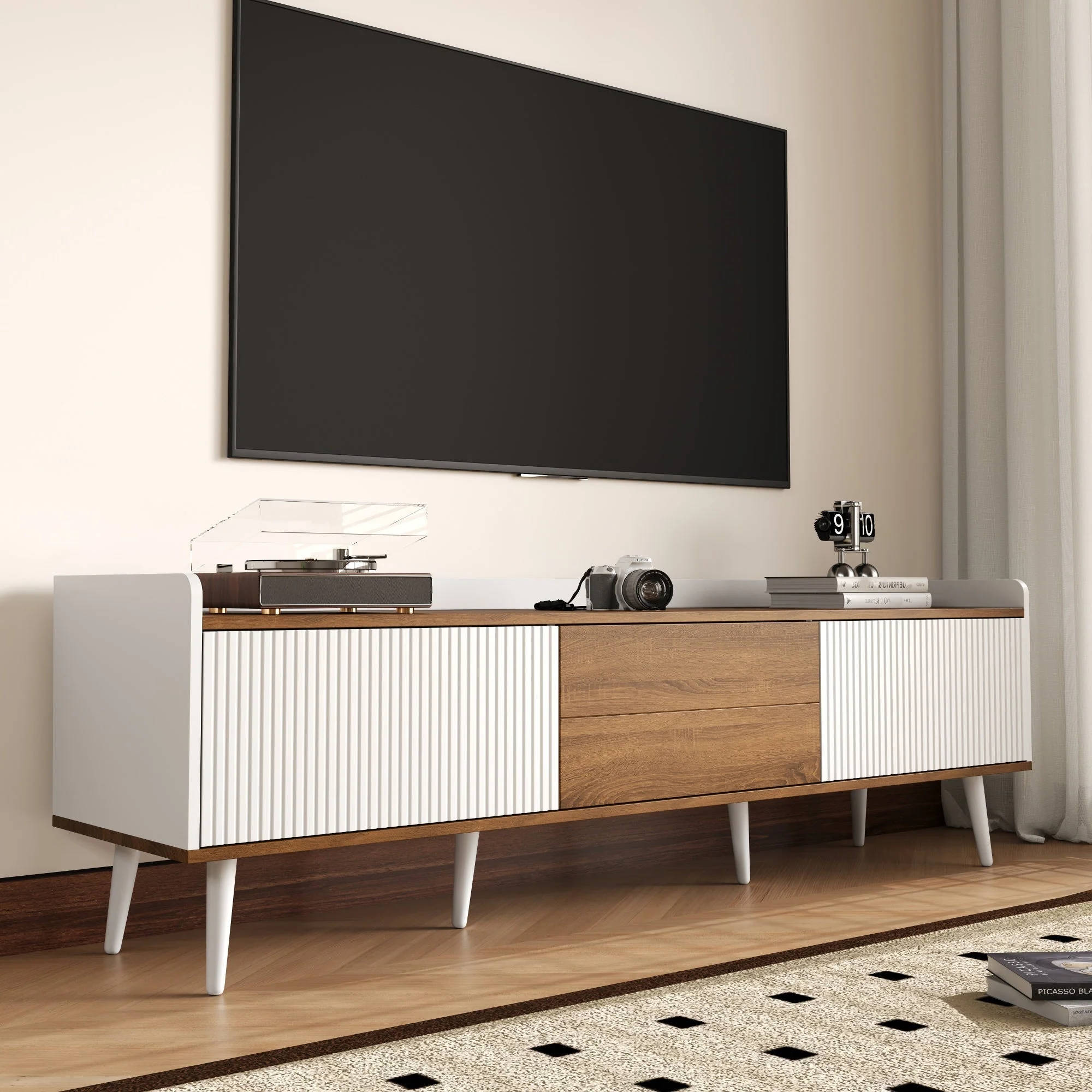 TV Cabinet Three-Door Compact Design, White and Natural Wood - Image 2