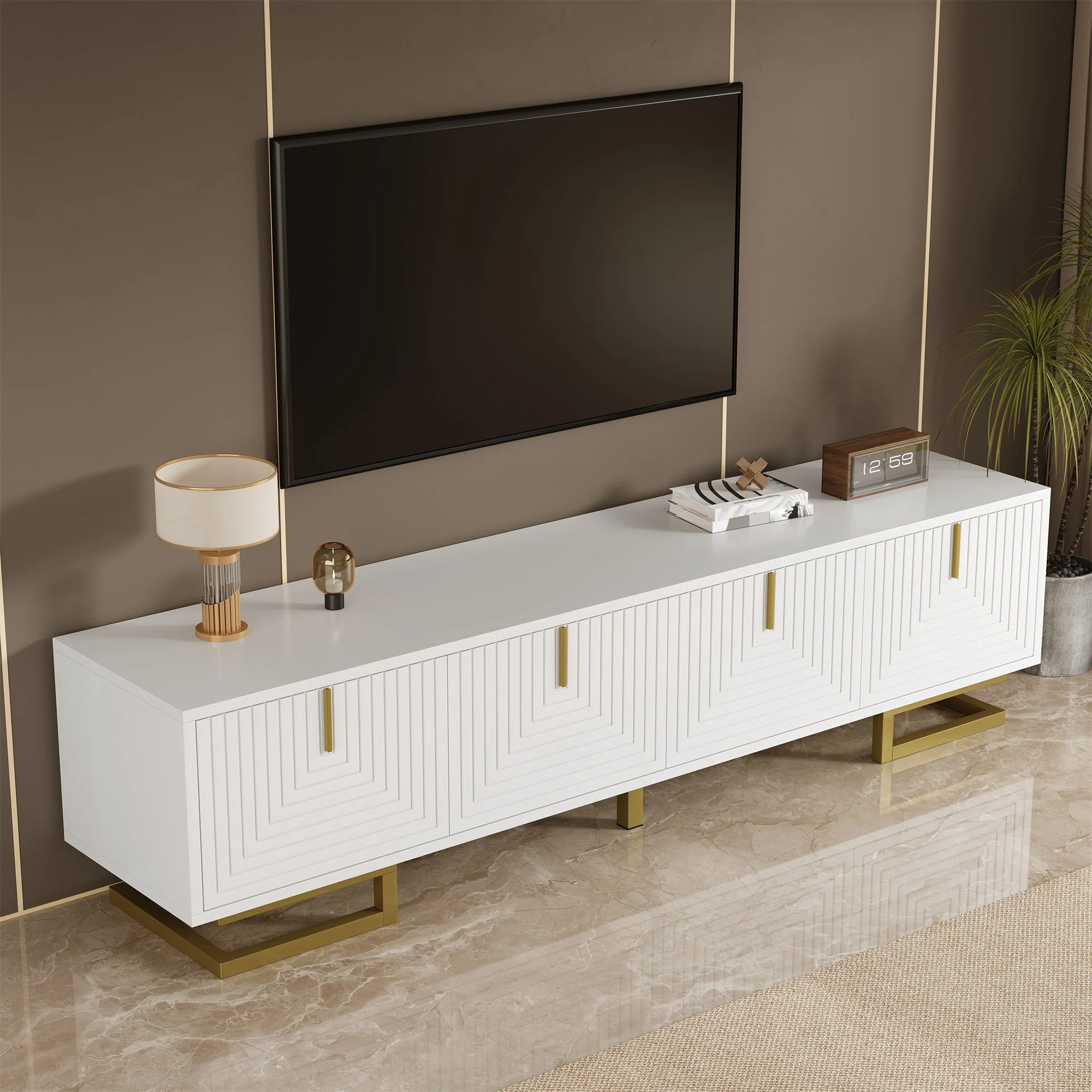 TV Cabinet, TV Stand with Textured Doors, Golden Handles and Golden Legs - Image 2