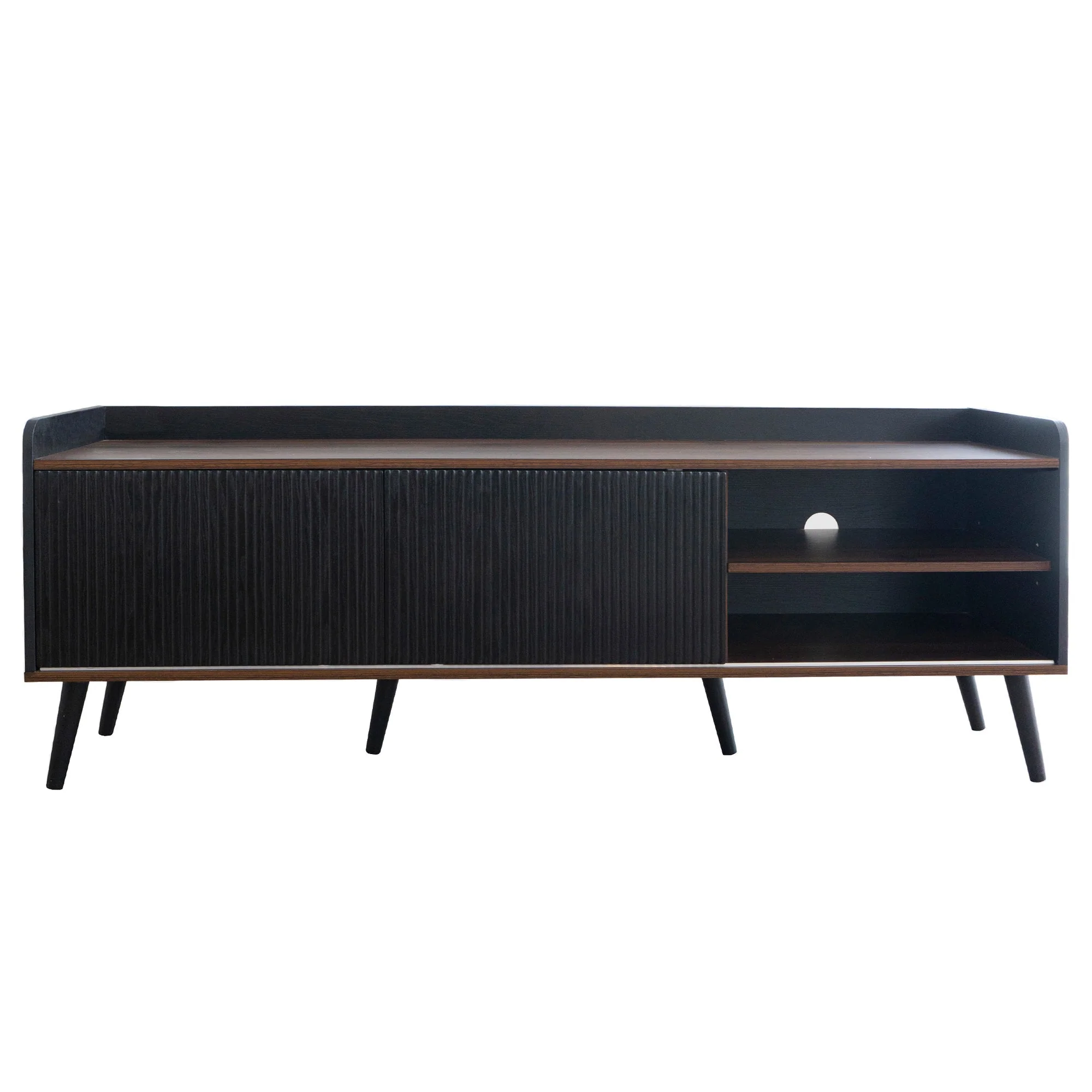 TV Cabinet, Two Drawers Sliding Doors Lowboard, Black and Natural Wood - Image 10