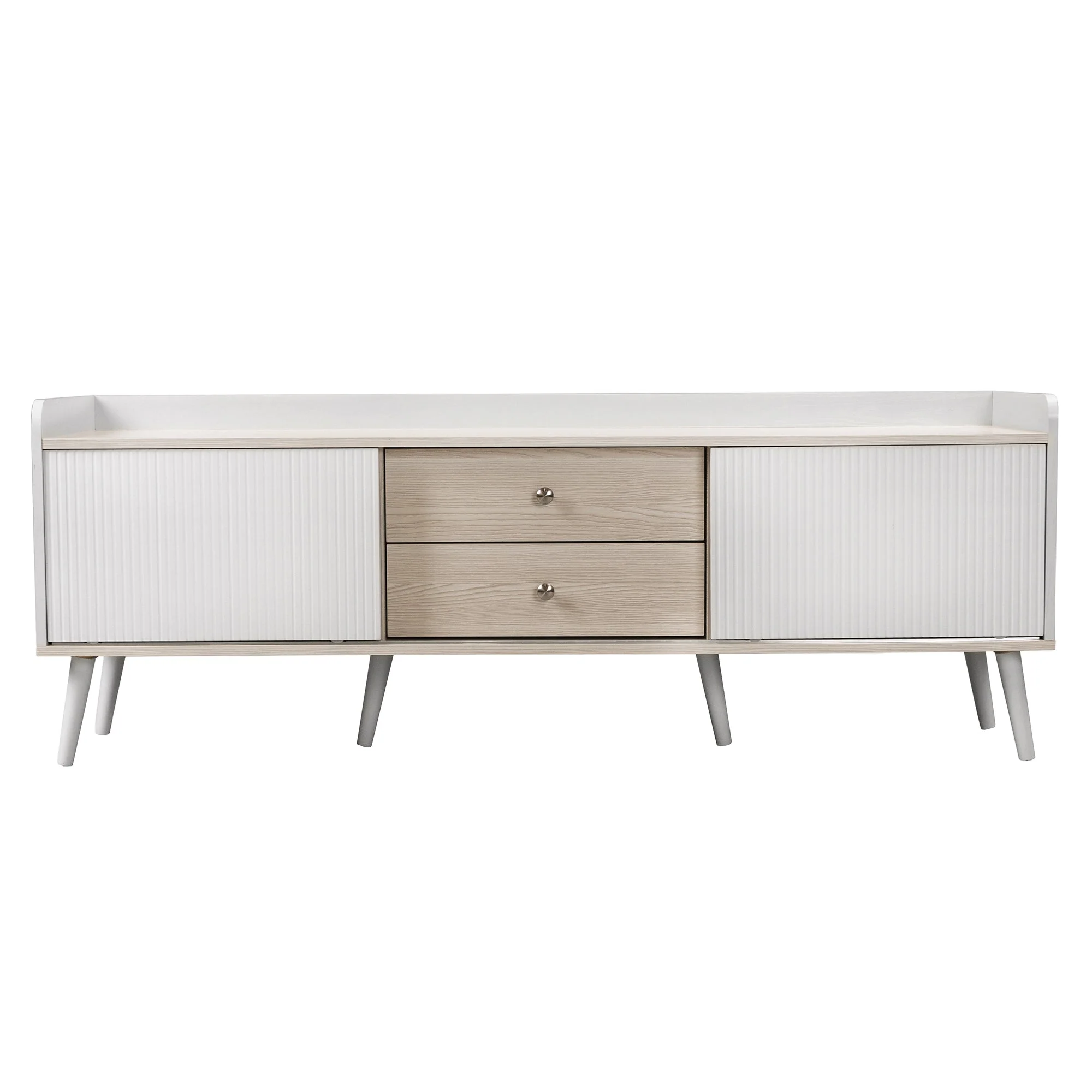 TV Cabinet, Two Drawers, Sliding Doors, White and Natural Wood - Image 6