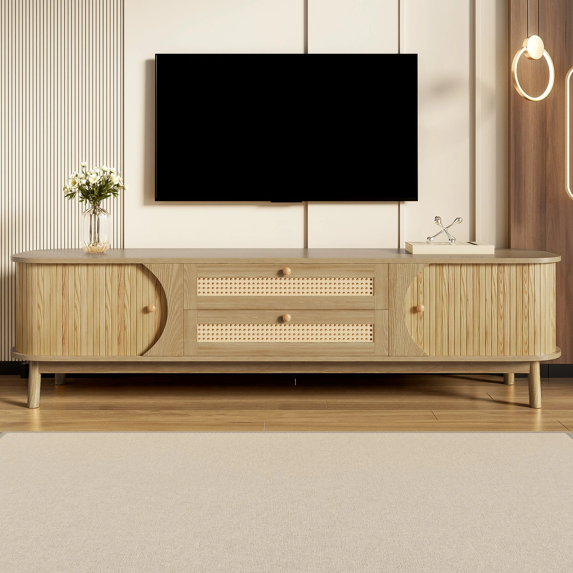 TV Cabinet with Doors, Drawers & Rattan Sides - Natural Wood Blend - Image 7