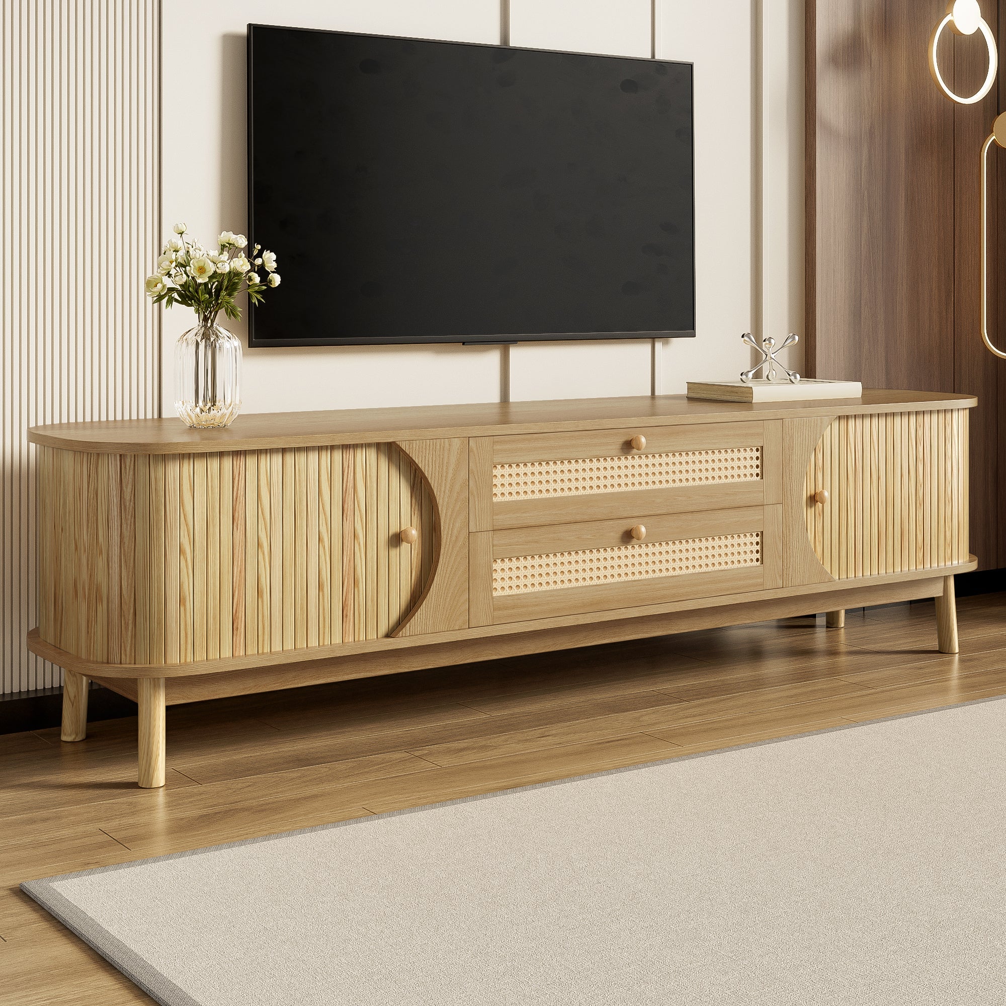 TV Cabinet with Doors, Drawers & Rattan Sides - Natural Wood Blend - Image 8