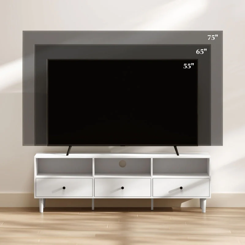 TV Cabinet with Drawers, 3 Open Compartments, Cable Management, White - Image 6
