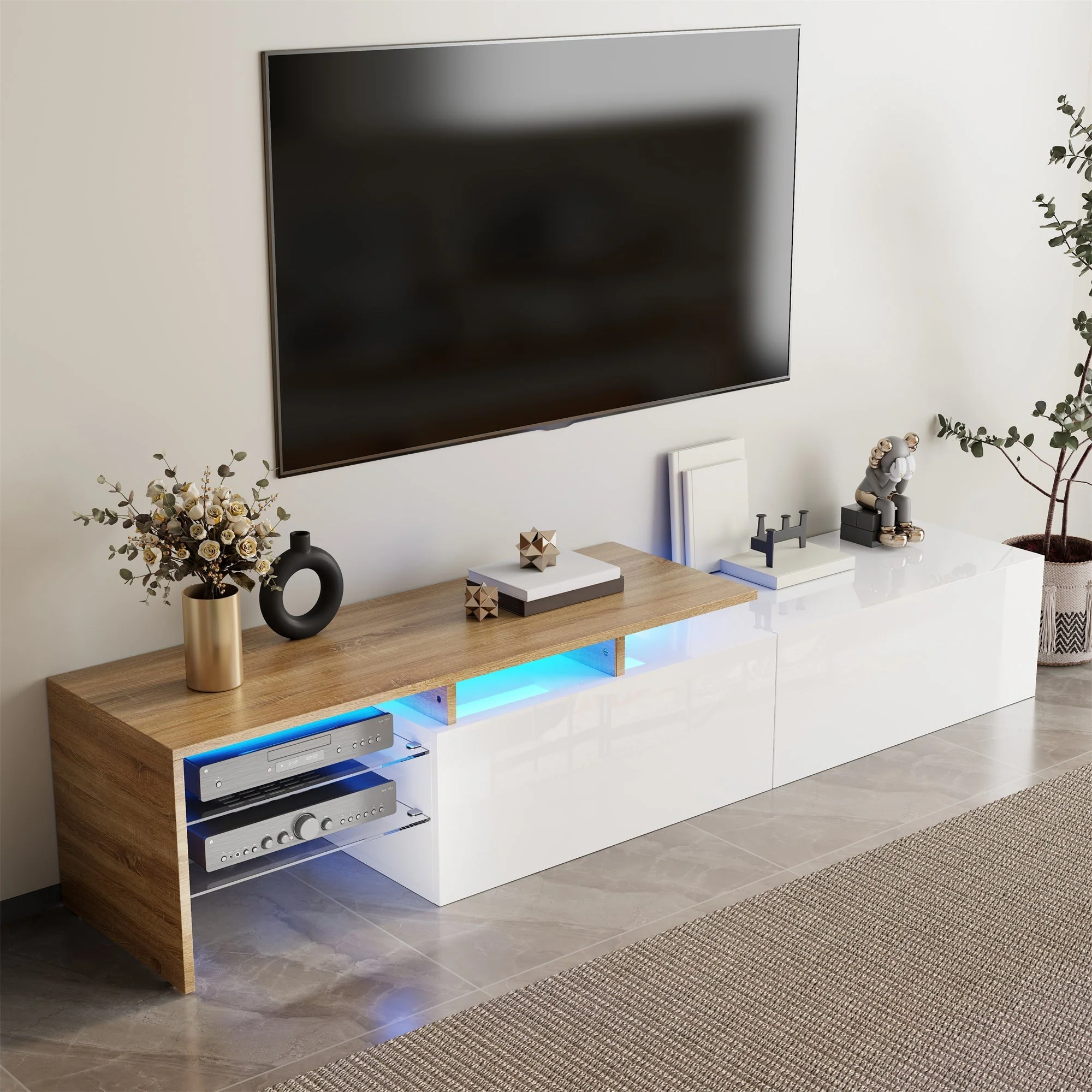 TV Cabinet with Glass Shelves and LED Lighting, High-Gloss White and Wood Look - Image 3