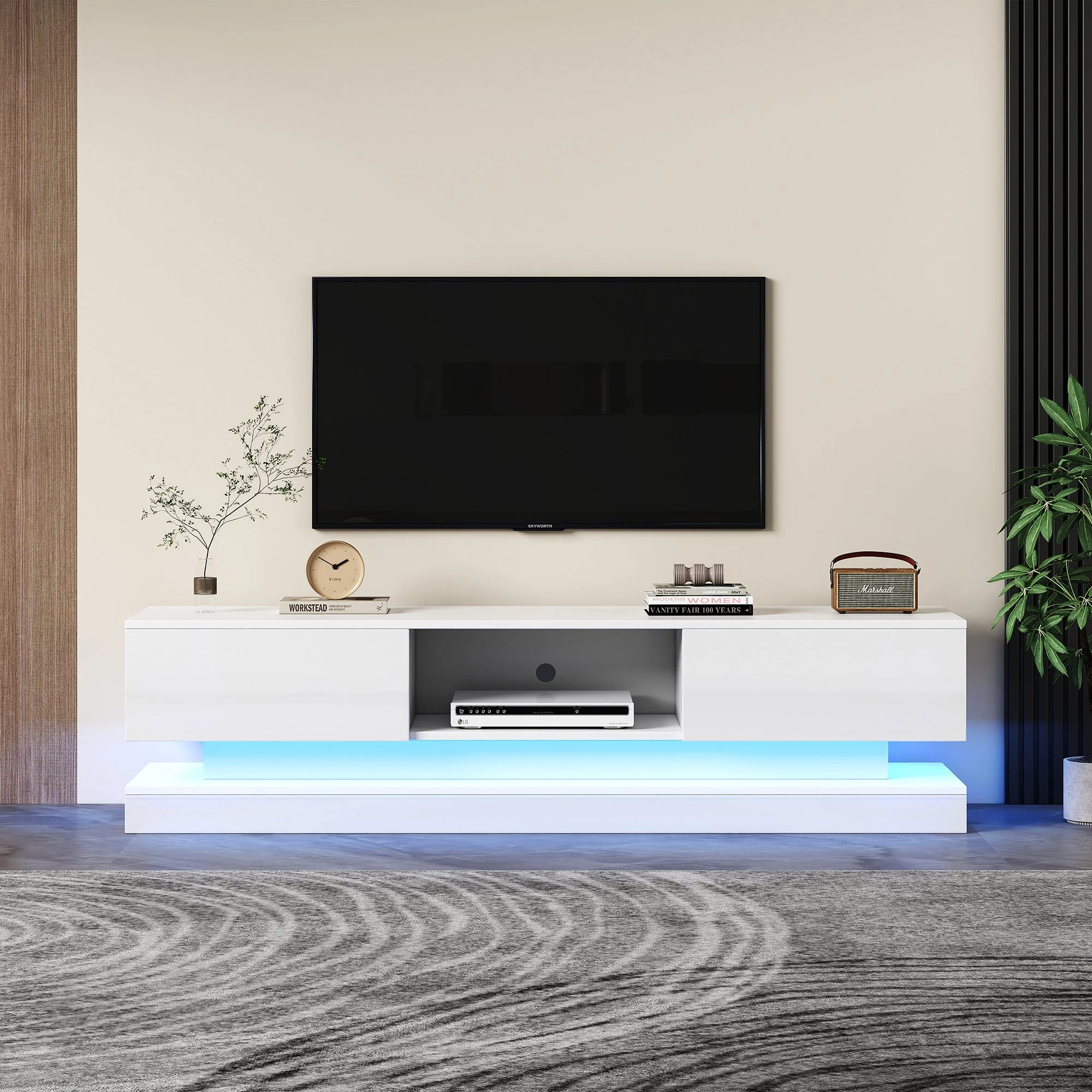 TV Cabinet with LED Lighting, 2-Drawer, Anti-Tip, for 60-inch TVs, White High-Gloss - Image 10