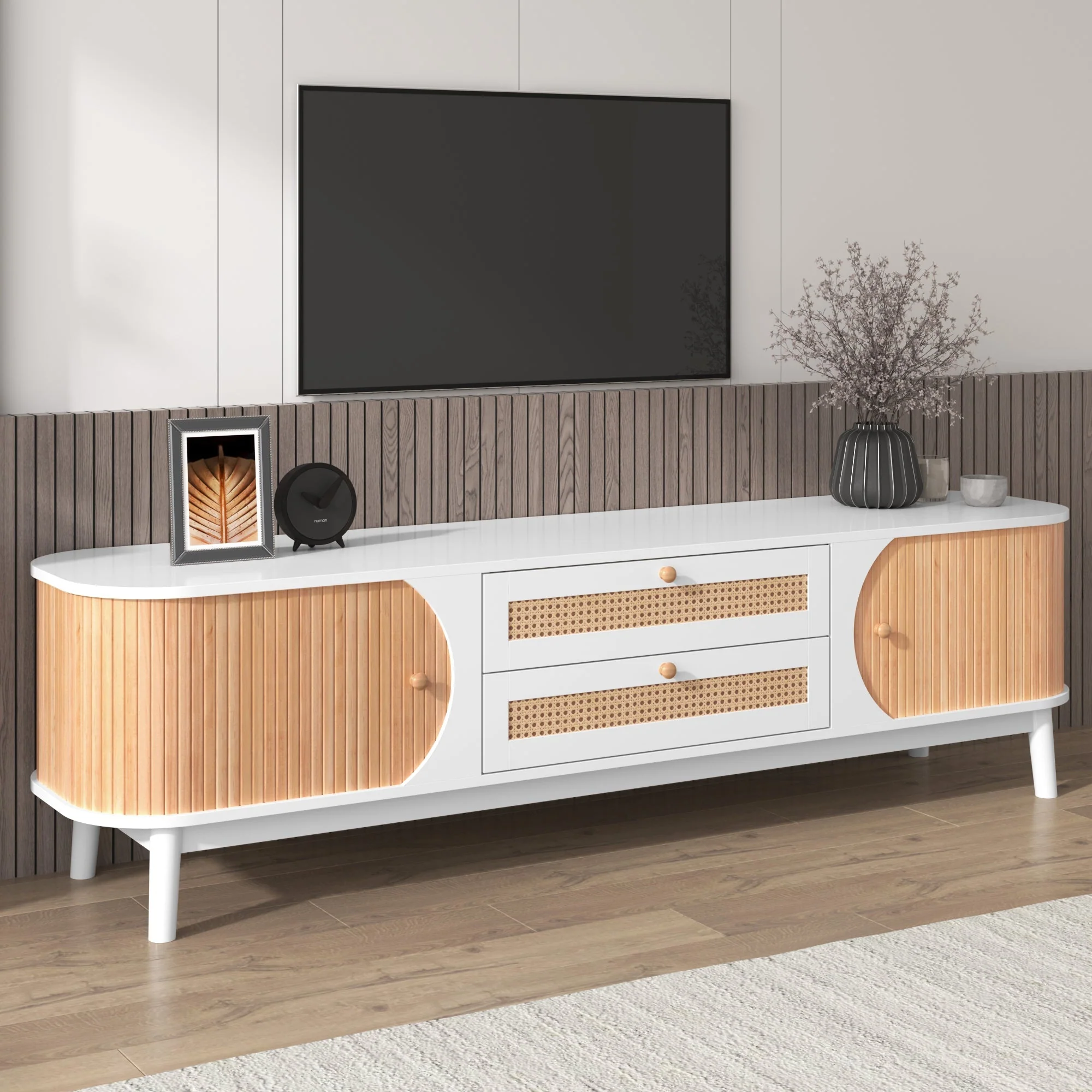 TV Cabinet Wood Blend, Doors Drawers Rattan Sides, Natural Country Style - Image 2