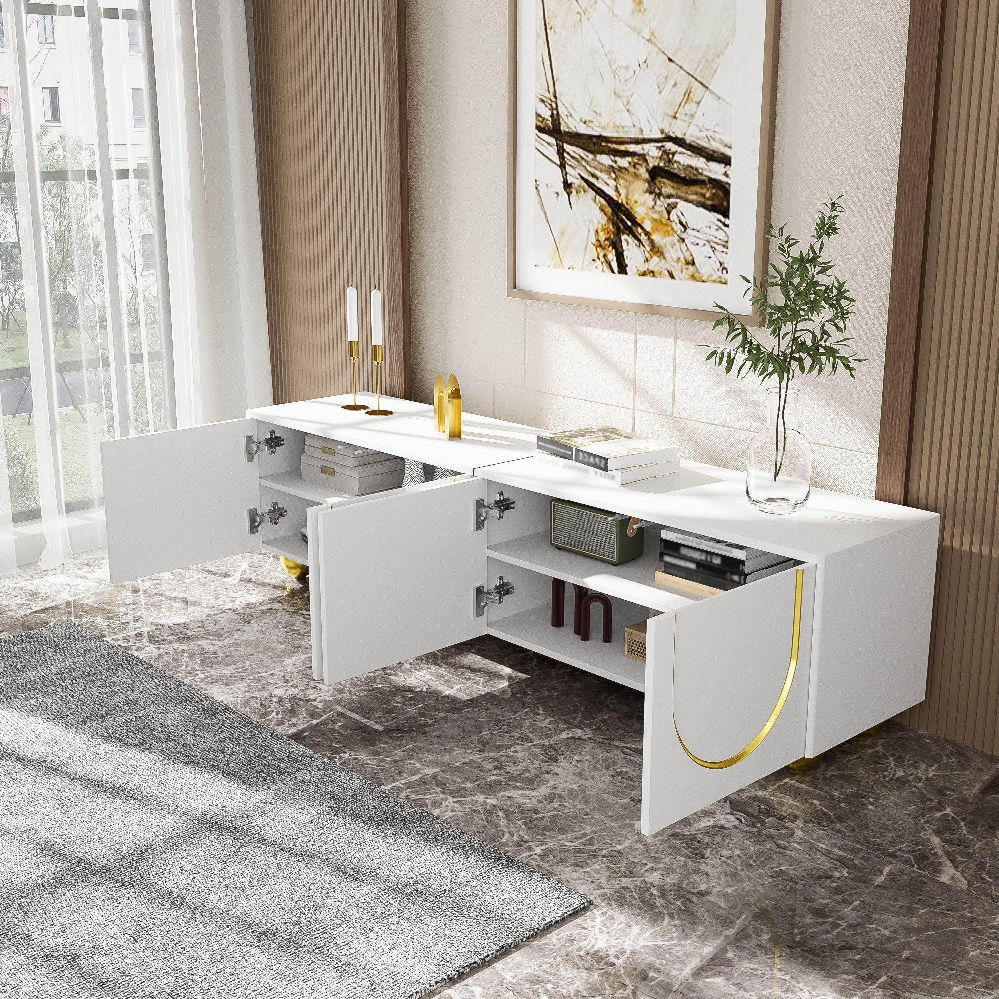 TV Lowboard with Textured Doors, Drawers & Open Compartments - Gold - Image 4