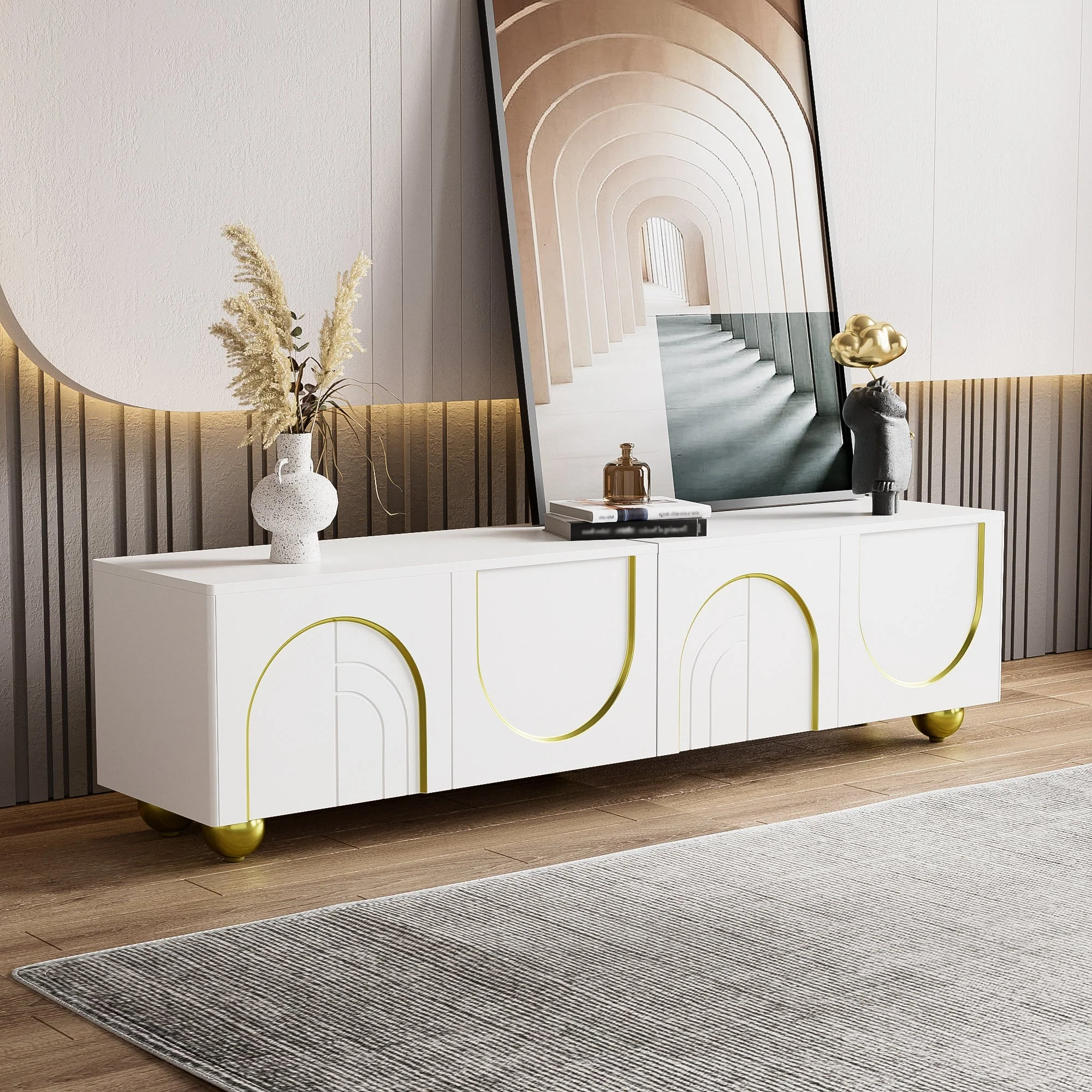 TV Lowboard with Textured Doors, Drawers & Open Compartments - Gold - Image 8